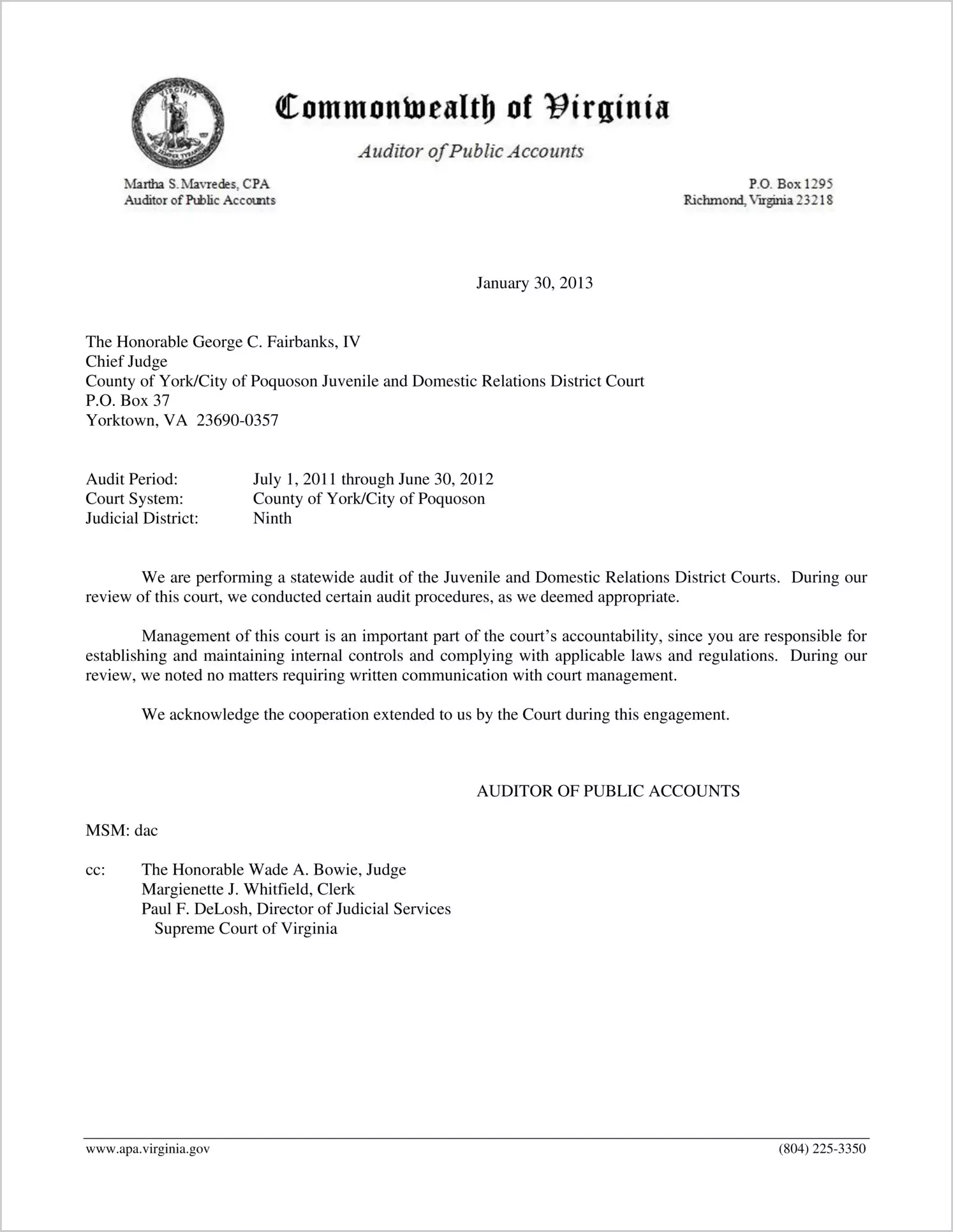 Clerk of the Juvenile and Domestic Relations Court for the County of York/City of Poquoson Report on Audit for the period July 1, 2011 through June 30, 2012