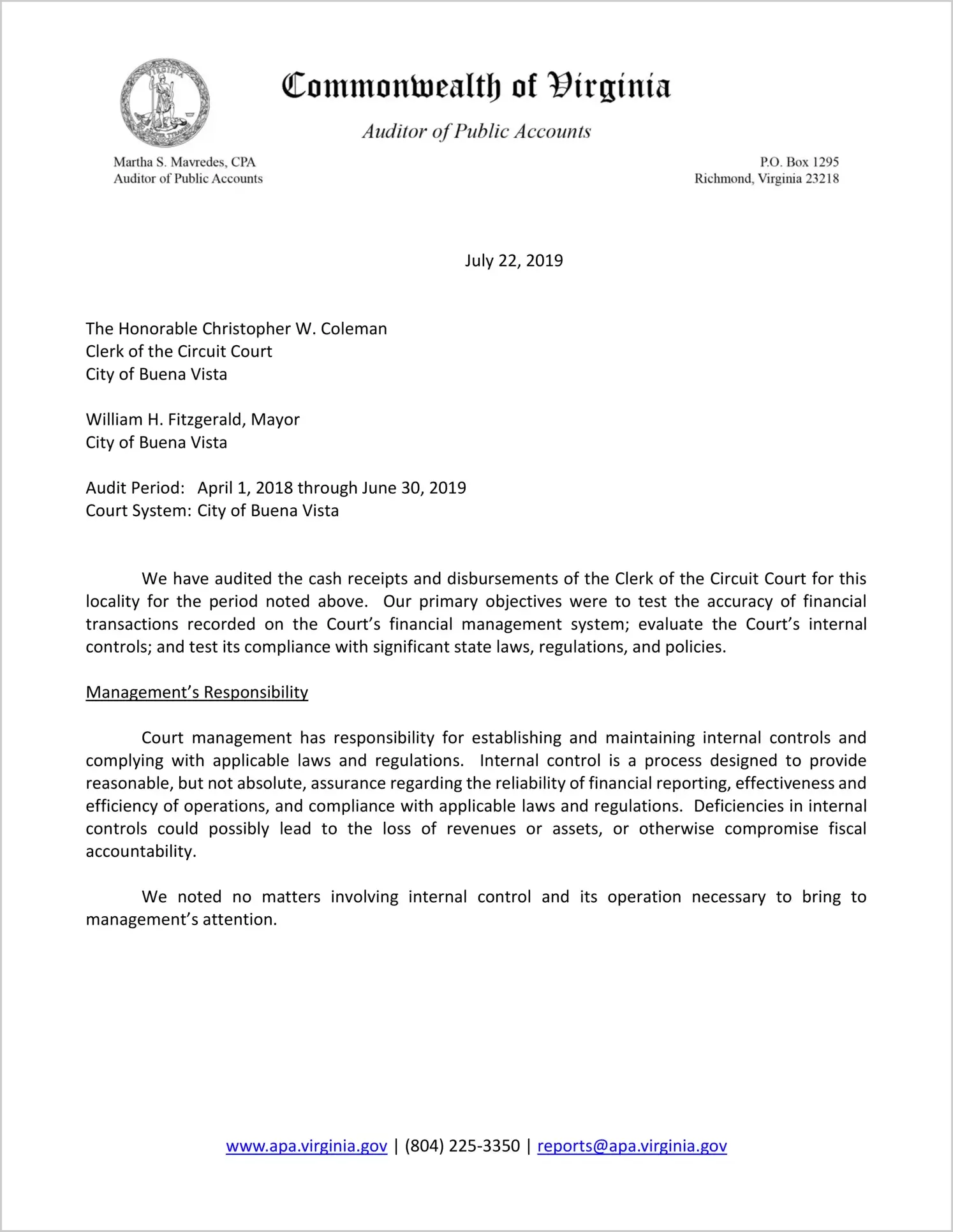 Clerk of the Circuit Court for the City of Buena Vista for the period April 1, 2018 through June 30, 2019