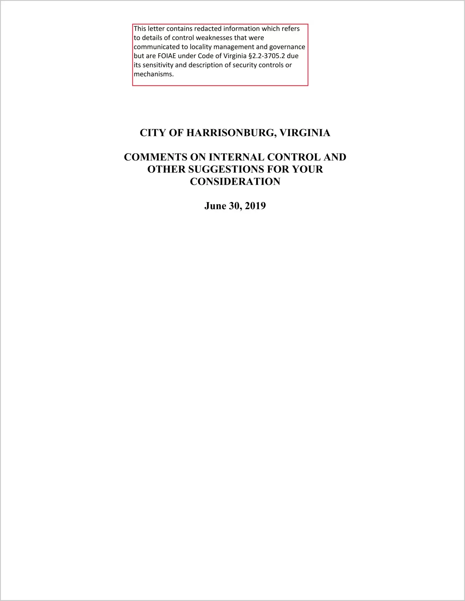 2019 Management Letter for City of Harrisonburg 