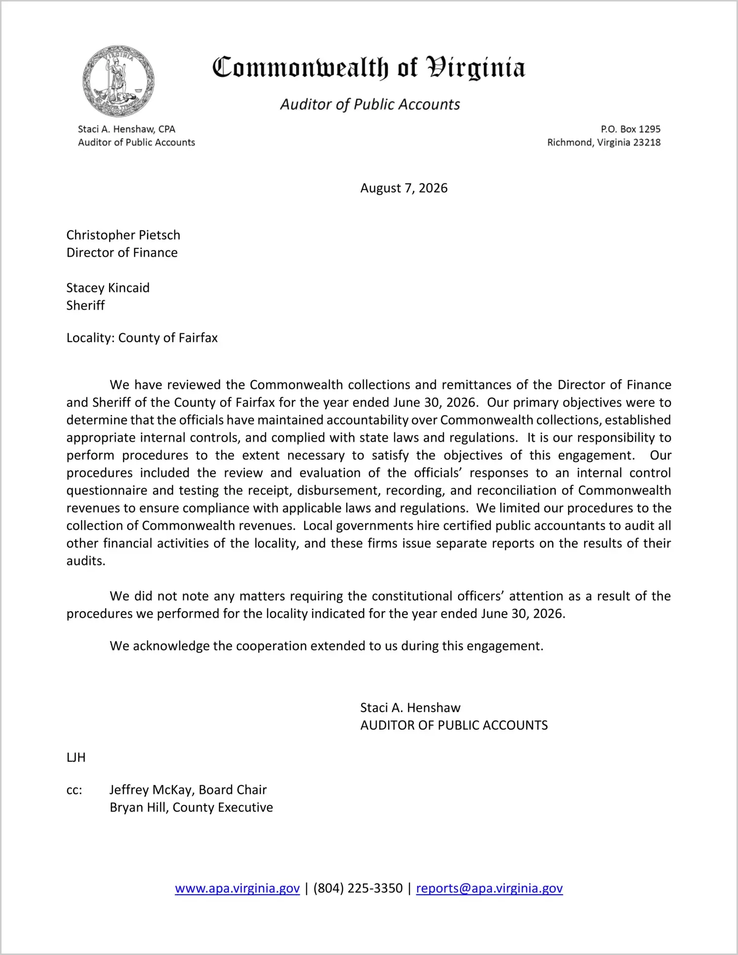 preview of Commonwealth Collections and Remittances of the Director of Finance and Sheriff for the County of Fairfax for the year ended June 30, 2026