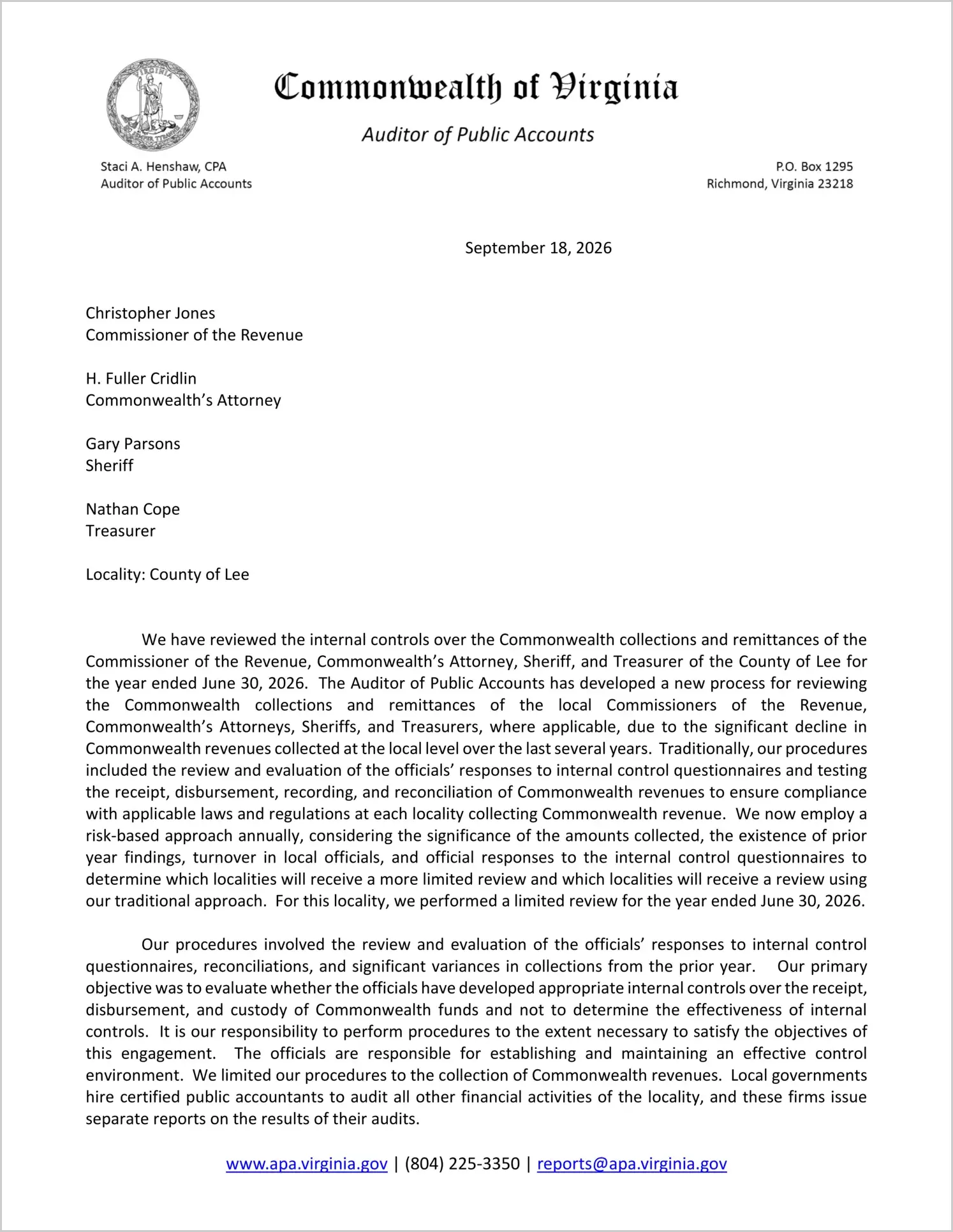 preview of Commonwealth Collections and Remittances of the Commissioner of the Revenue, Commonwealth's Attorney, Sheriff, and Treasurer for the County of Lee for the year ended June 30, 2026