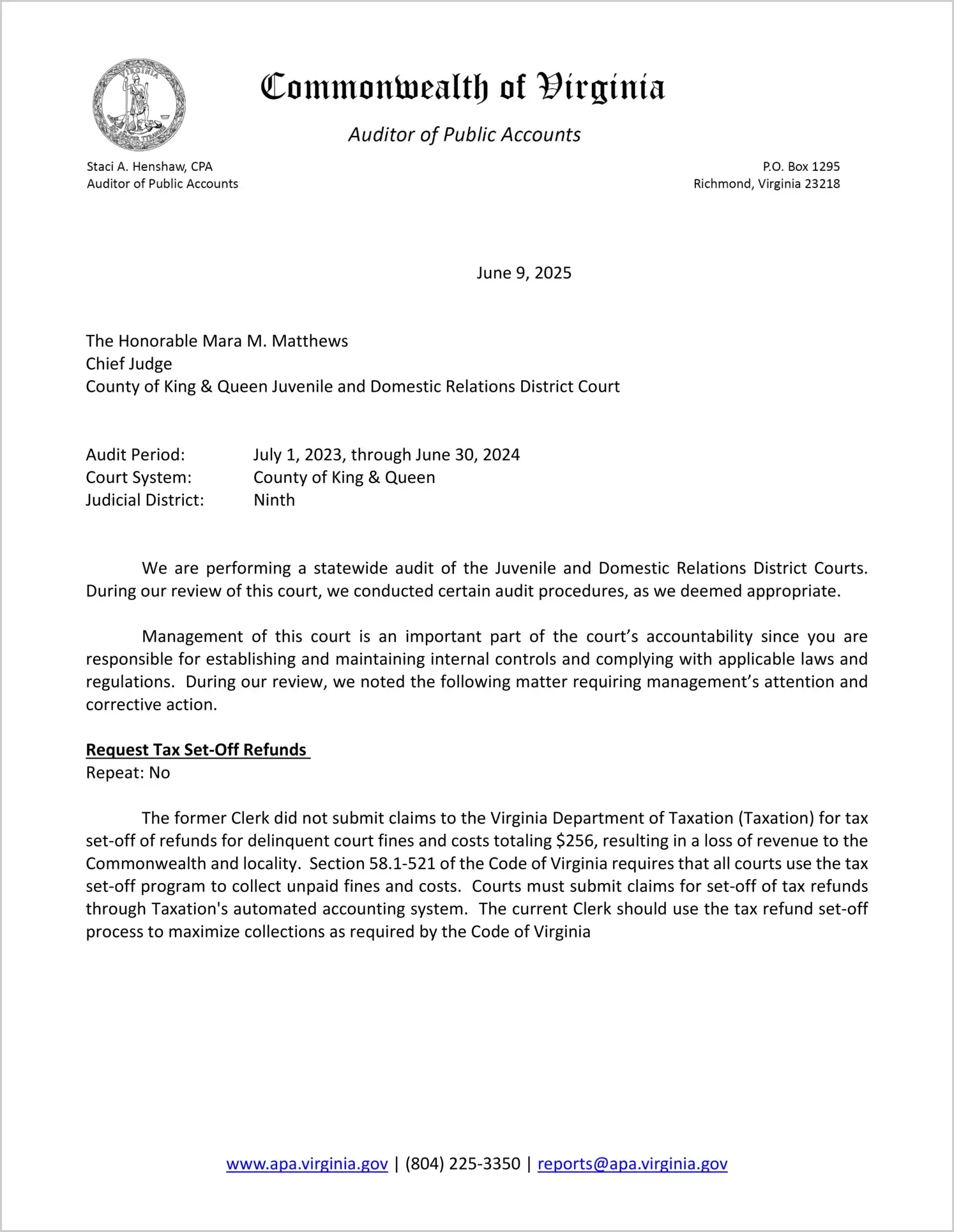 Juvenile and Domestic Relations District Court for the County of King and Queen for the period July 1, 2023 through June 30, 2024