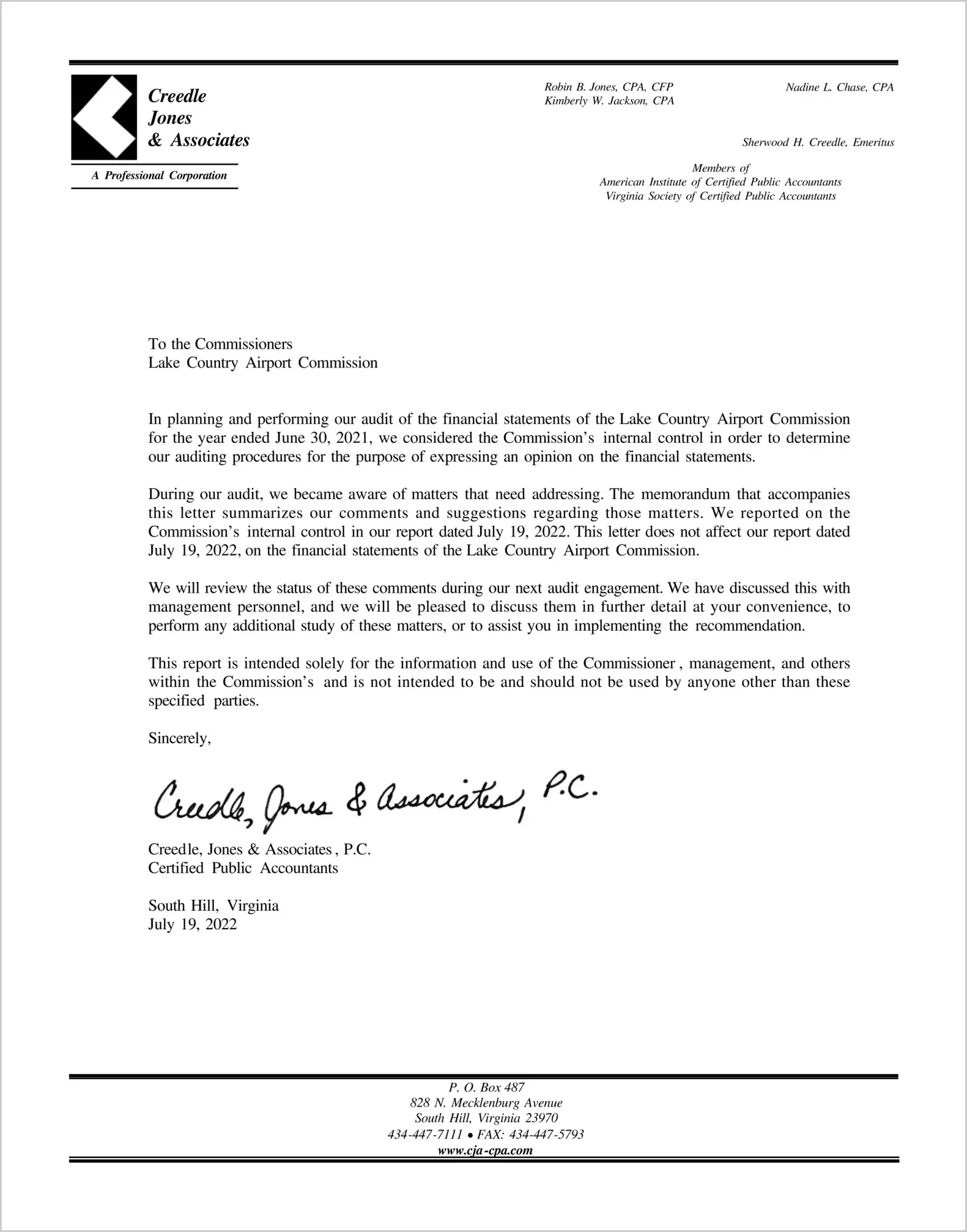 2021 ABC/Other Management Letter for Lake Country Airport Commission