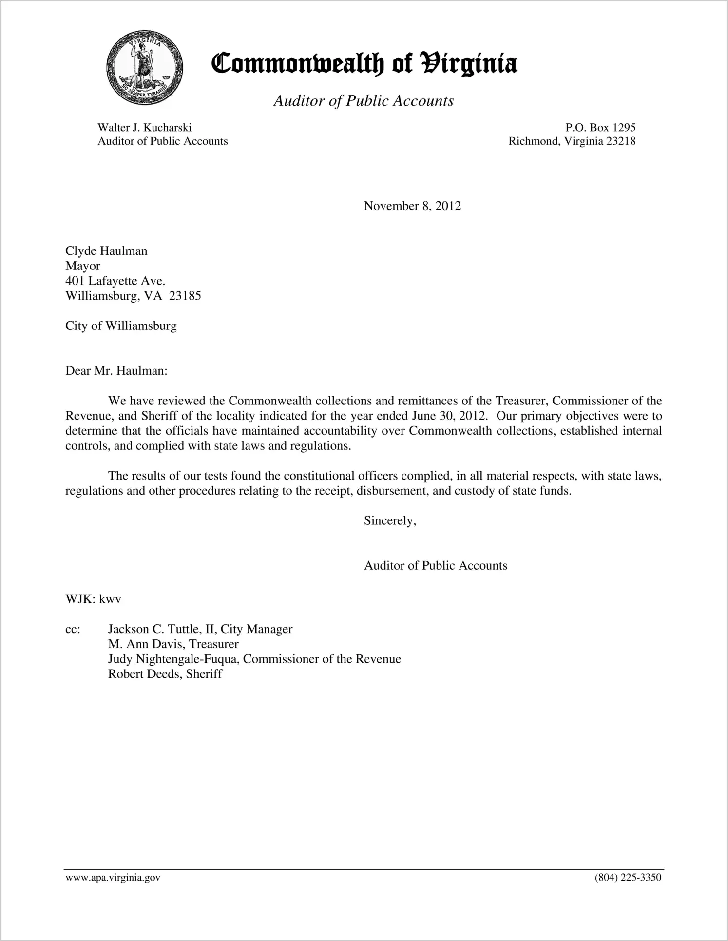 Commonwealth collections and remittances of the Treasurer, Commissioner of the Revenue, and Sheriff of the City of Williamsburg for the year ended June 30, 2012