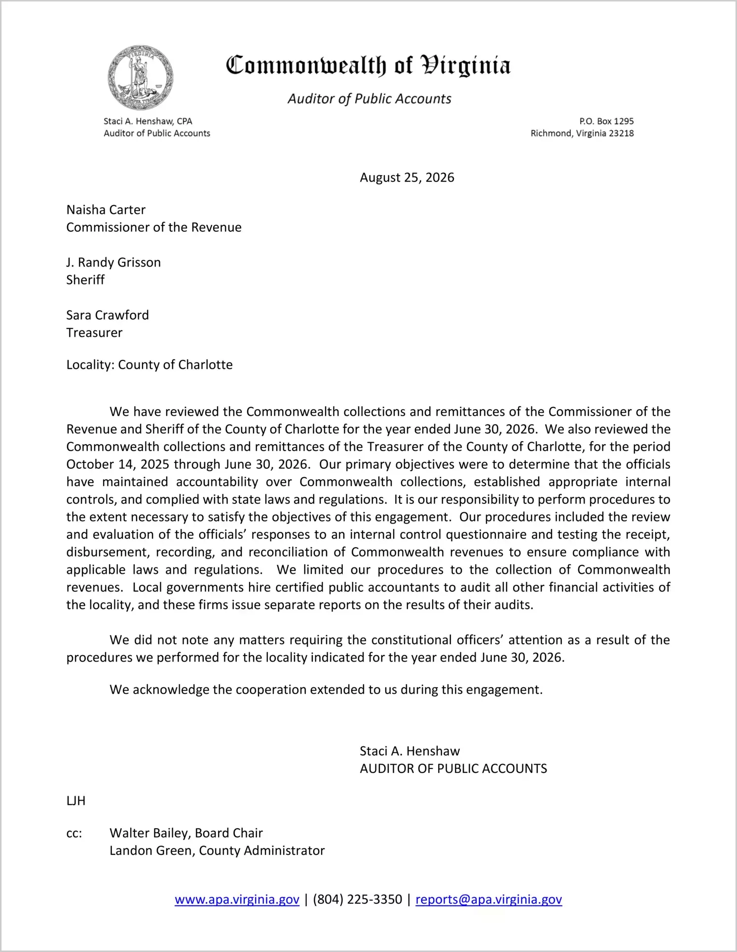 preview of Commonwealth Collections and Remittances of the Commissioner of the Revenue and Sheriff for the County of Charlotte for the year ended June 30, 2026, and the Treasurer for the period October 14, 2025 through June 30, 2026
