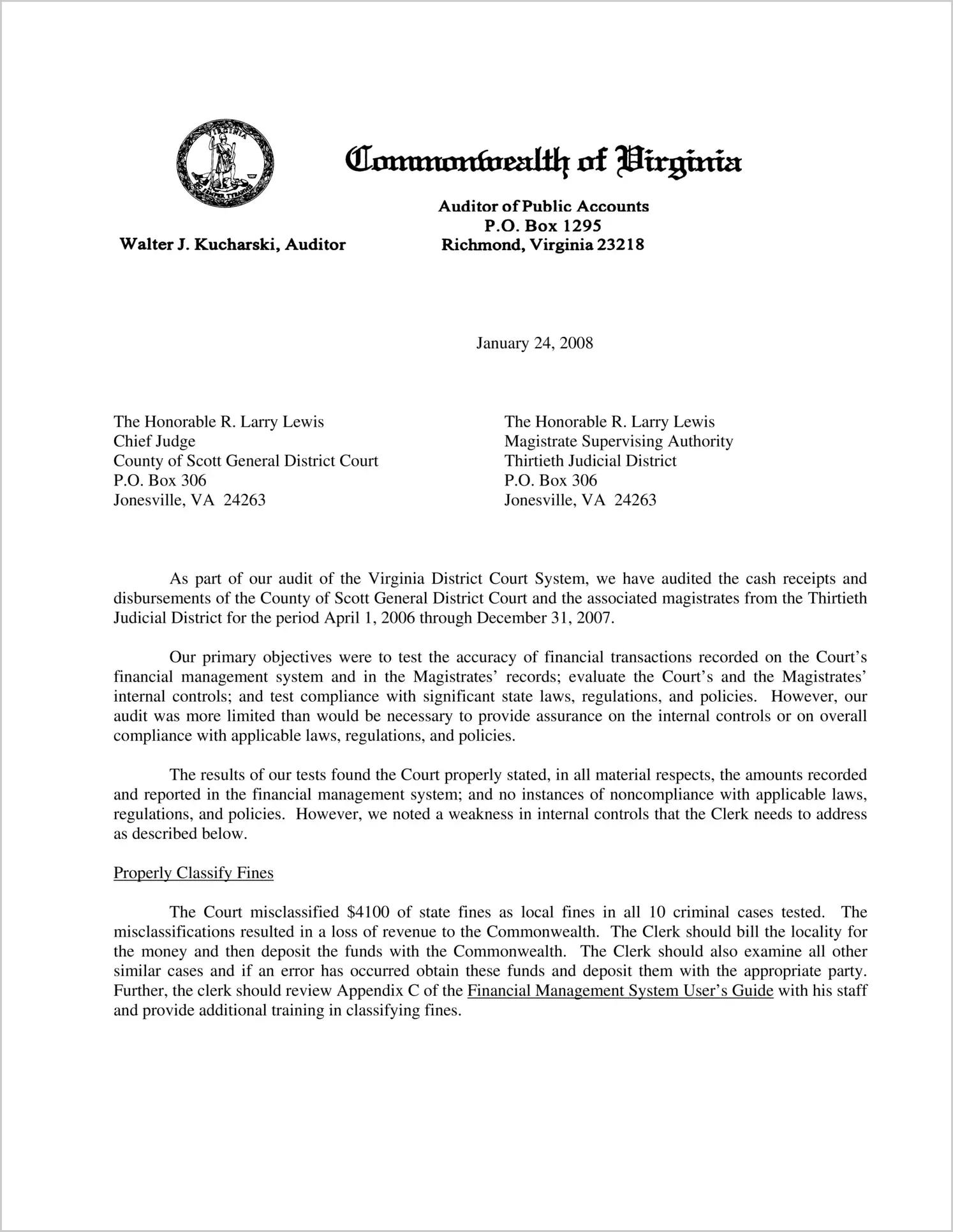 County of Scott General District Court and the associated magistrates from the Thirtieth Judicial District for the period April 1, 2006 through December 31, 2007