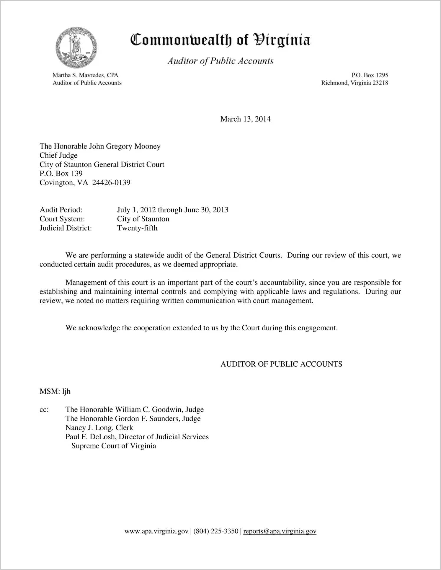 Clerk of the General District Court for the City of Staunton Report on Audit for the period July 1, 2012 through June 30, 2013