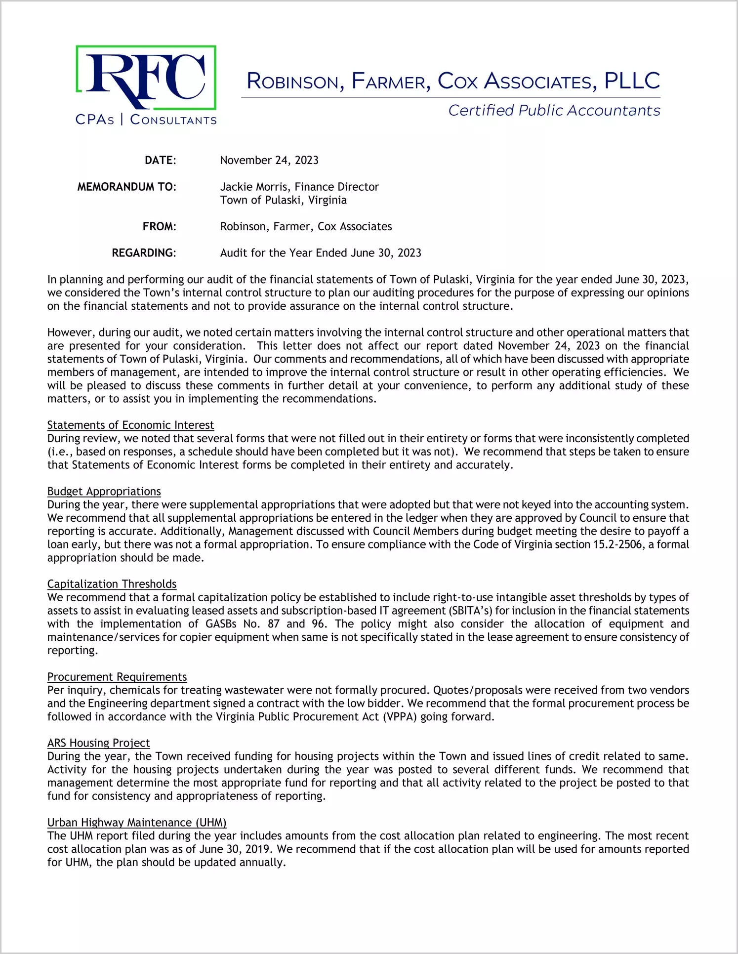 preview of 2023 Management Letter for Town of Pulaski