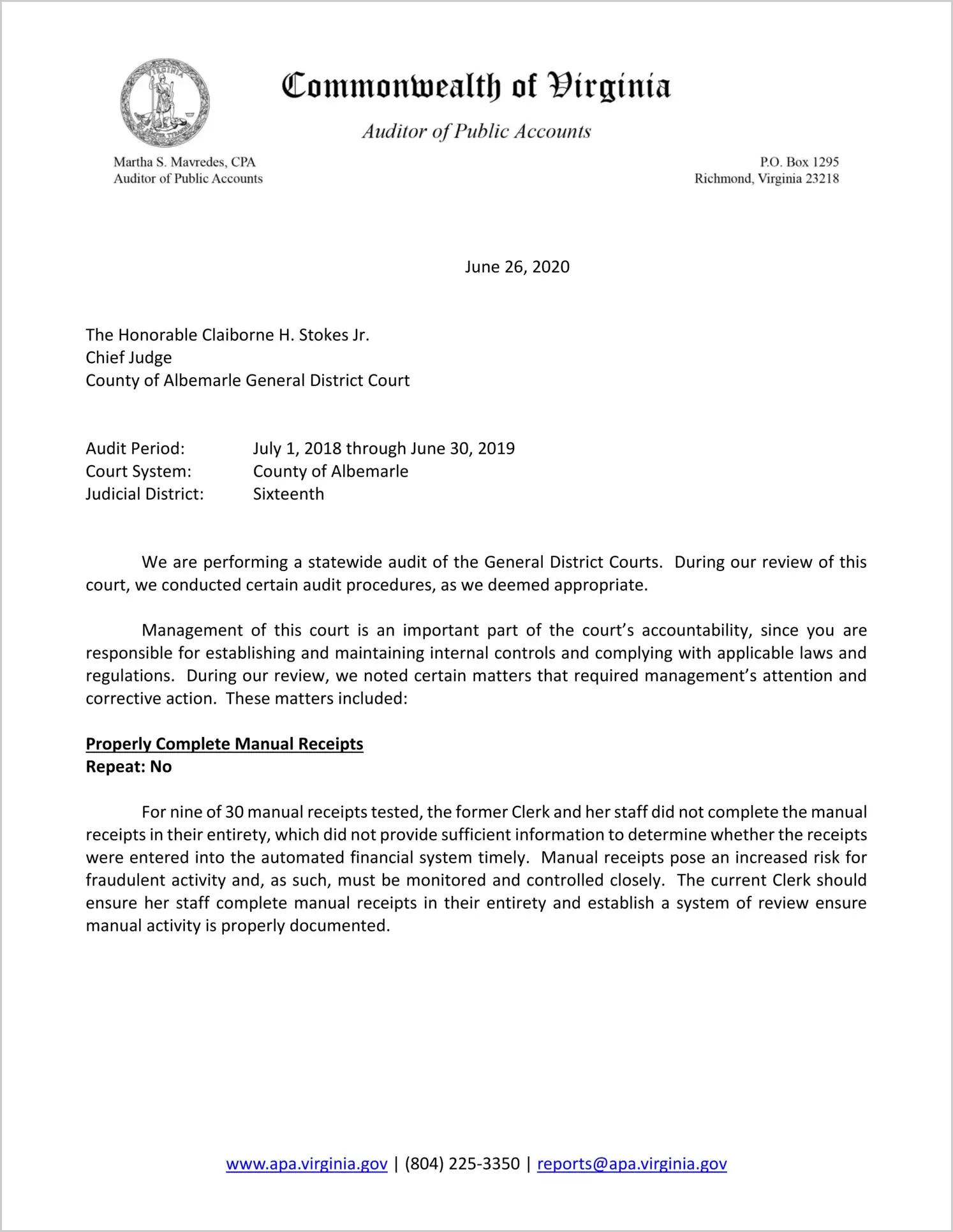 General District Court for the County of Albemarle for the period July 1, 2018 through June 30, 2019