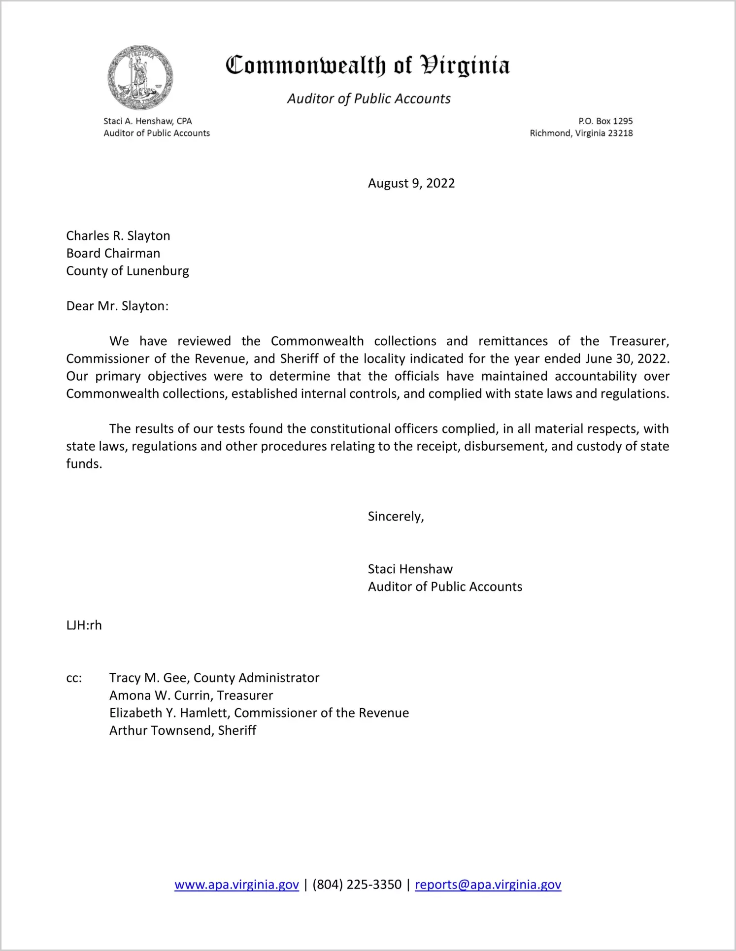 Commonwealth Collections and Remittances of the Treasurer, Commissioner of Revenue, and Sheriff for the County of Lunenburg for the year ended June 30, 2022