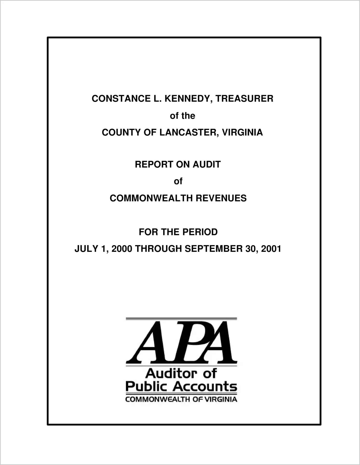 Clerk of the Circuit Court of the County of Lancaster Report on Audit of Commonwealth Revenues for the period July 1, 2000 through September 30, 2001