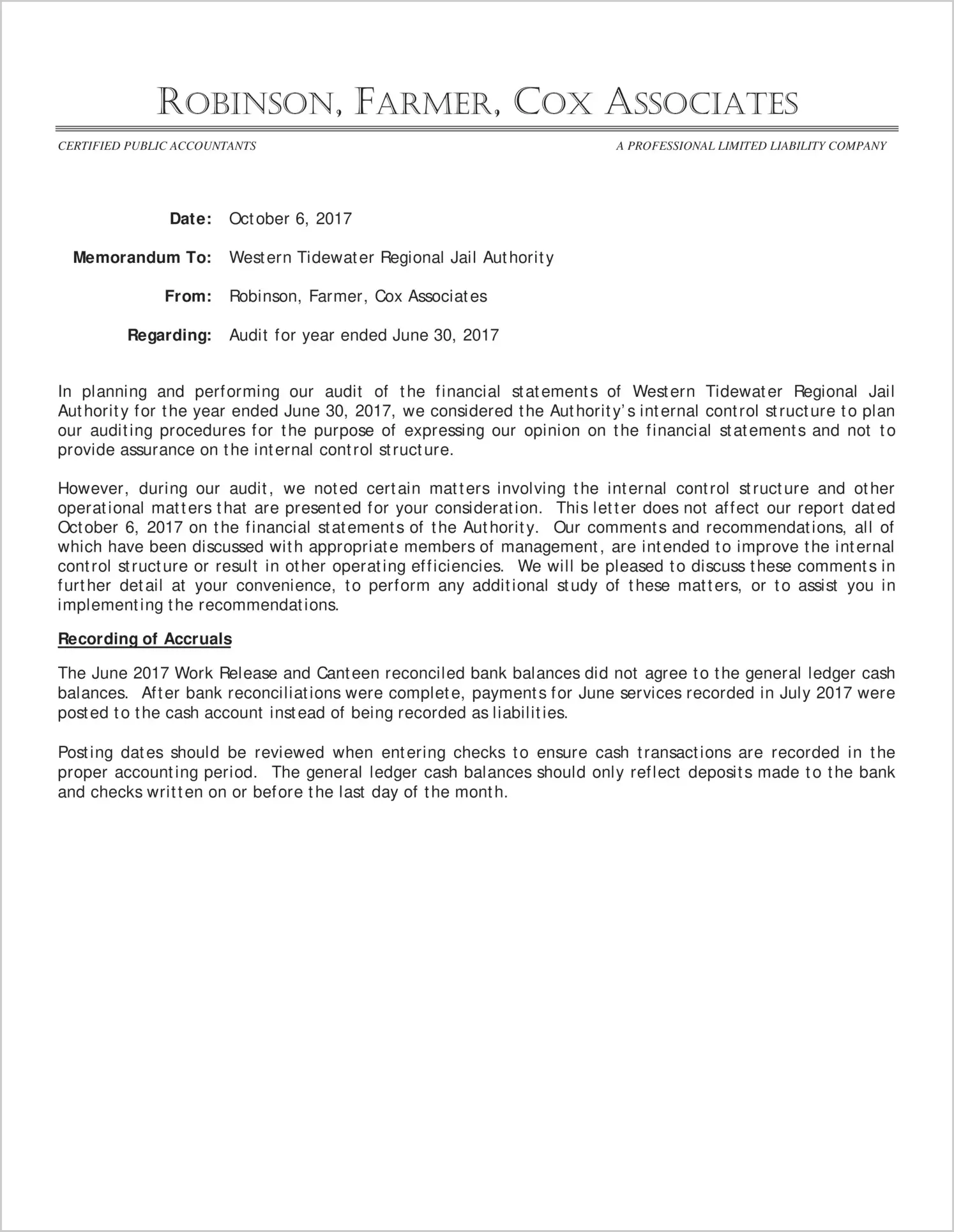 2017 ABC/Other Management Letter for Western Tidewater Regional Jail Authority