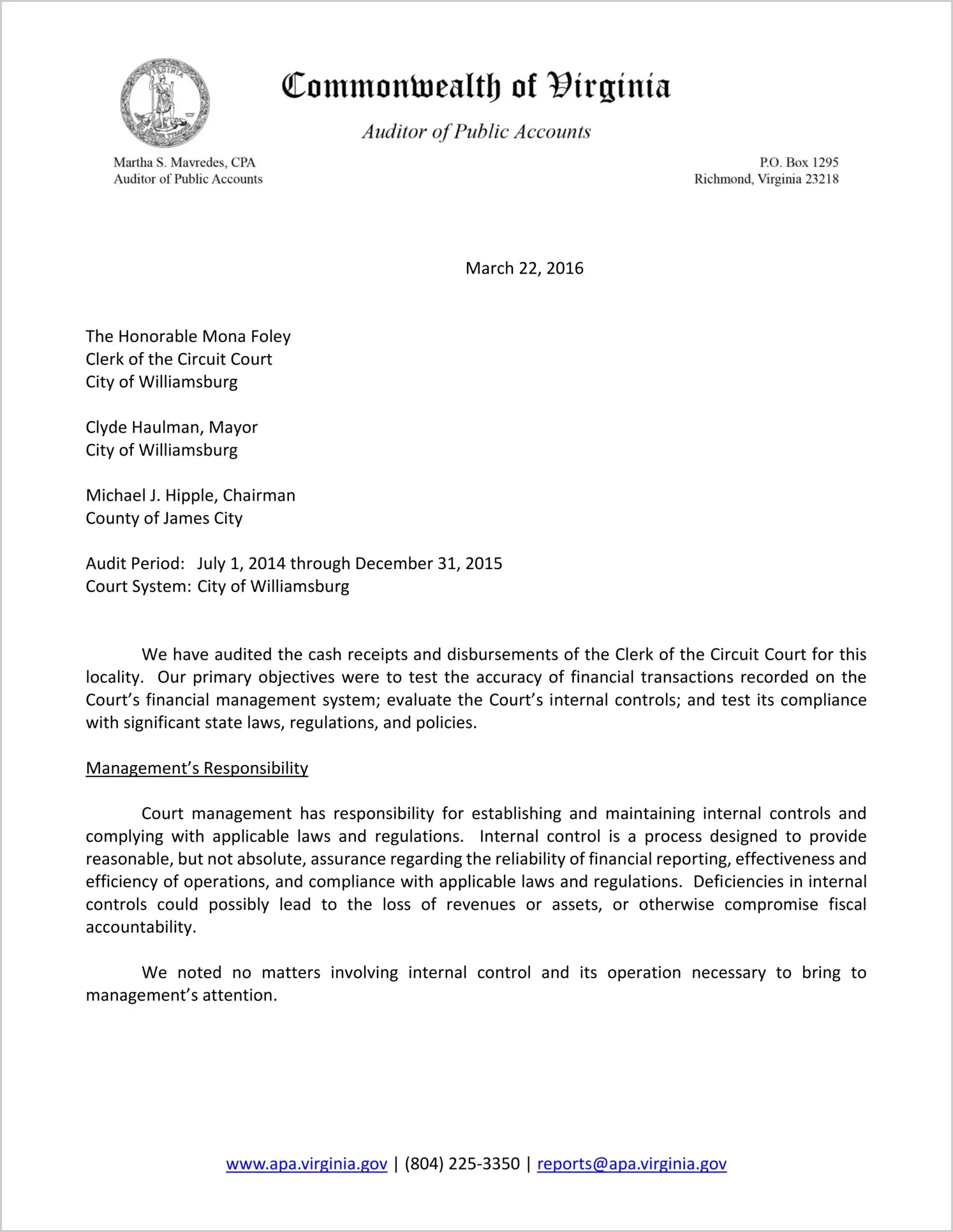 Clerk of the Circuit Court for the County of James City/City of Williamsburg Report on Audit for the period July 1, 2014 through December 31, 2015