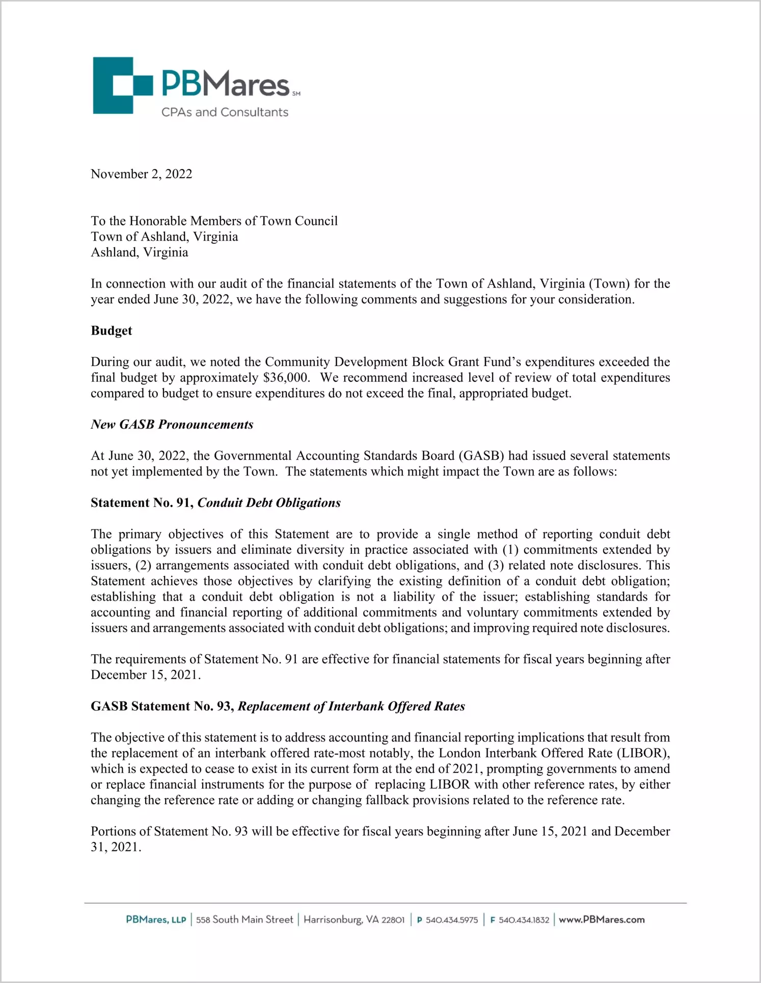 preview of 2022 Management Letter for Town of Ashland