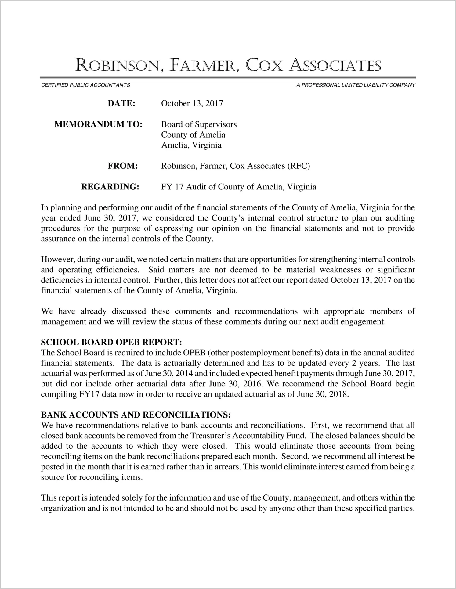 2017 Management Letter for County of Amelia