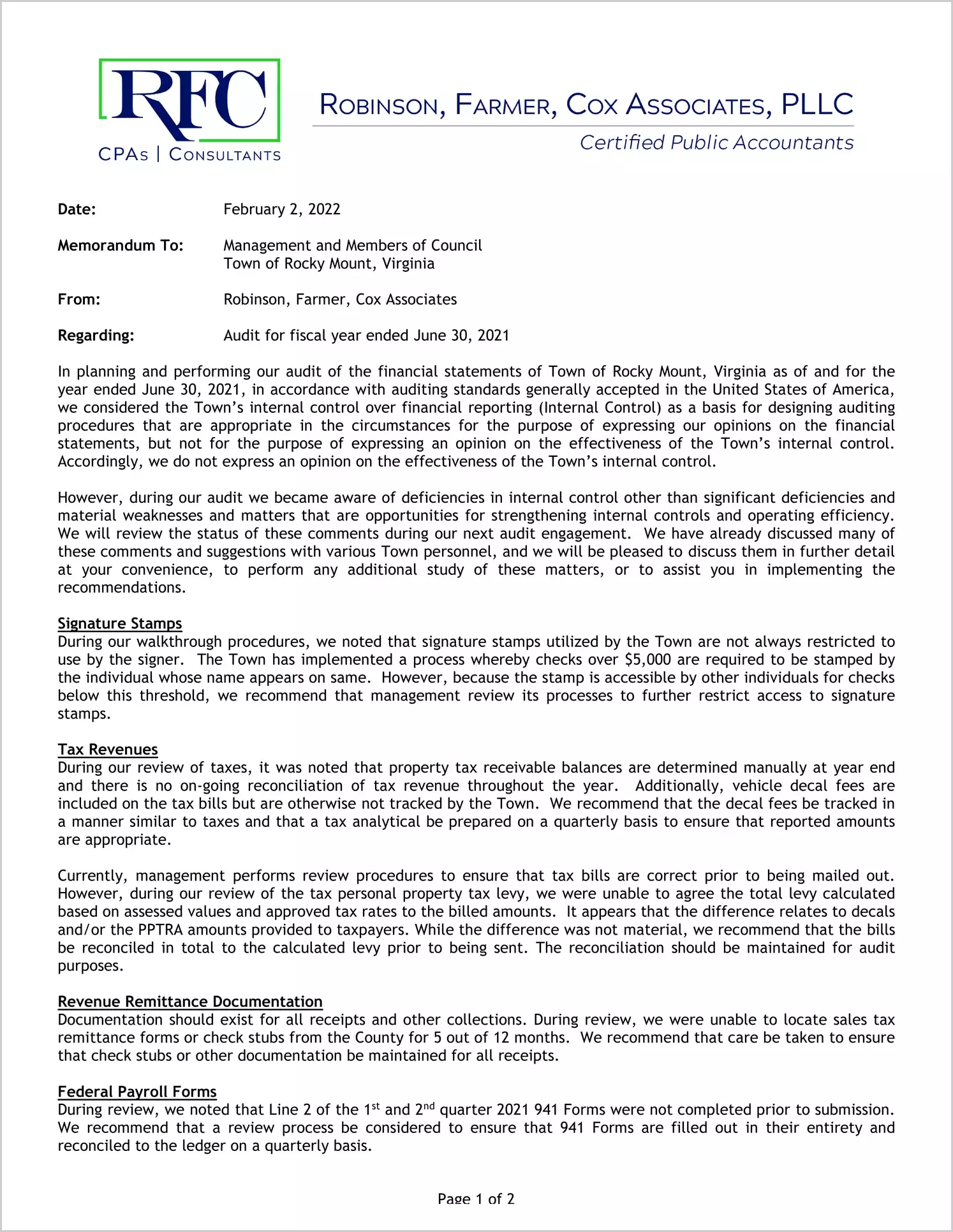 preview of 2021 Management Letter for Town of Rocky Mount
