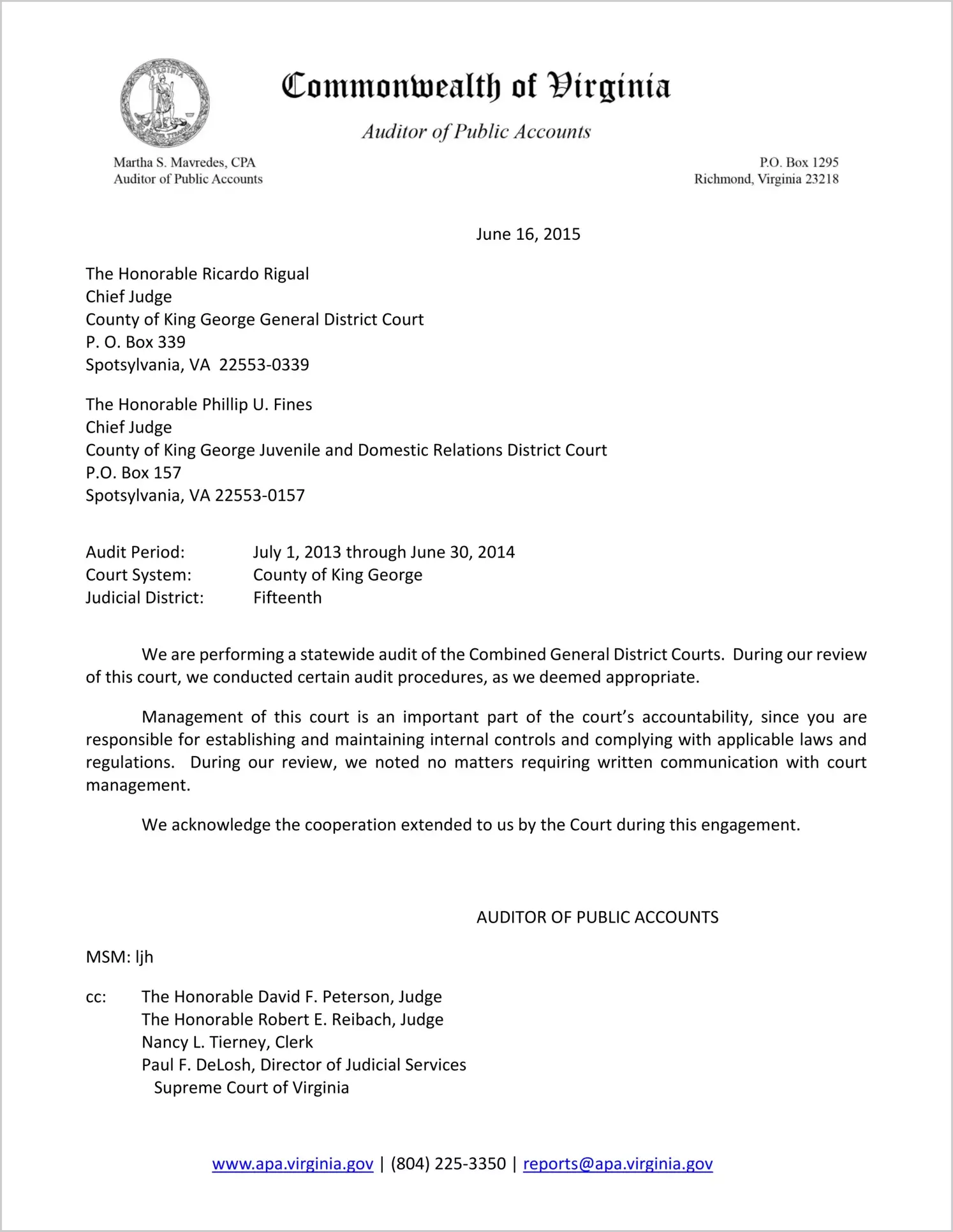 Clerk of the Combined General District Court for the County of King George Report on Audit for the period July 1, 2013 through June 30, 2014
