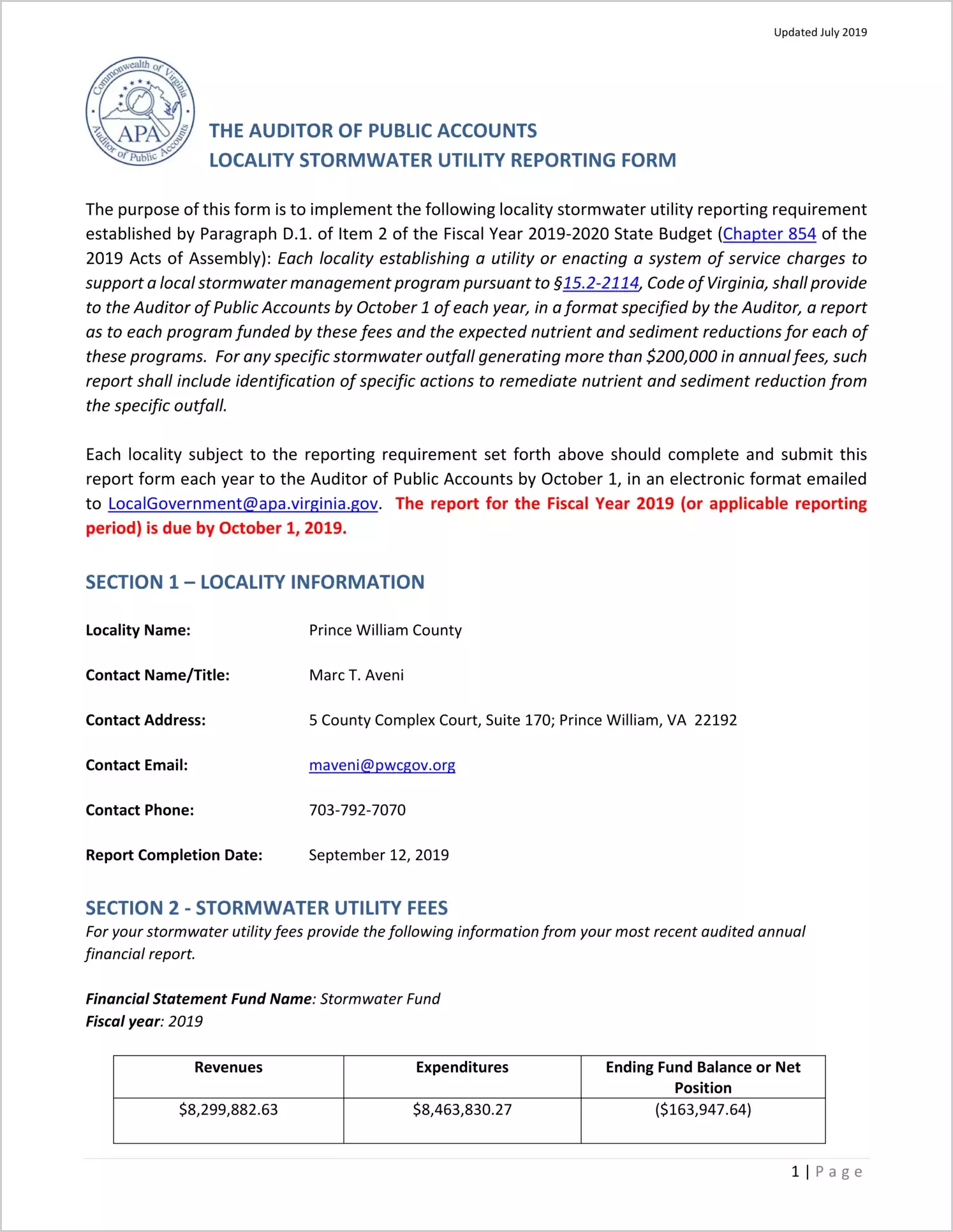 2019 Stormwater Utility Report for County of Prince William