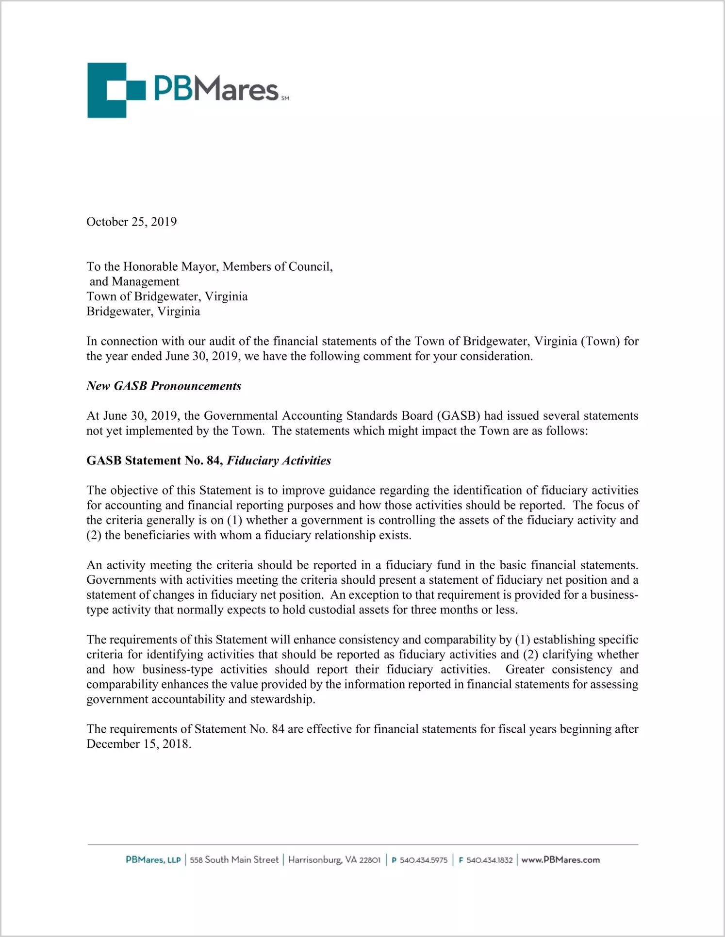 2019 Management Letter for Town of Bridgewater