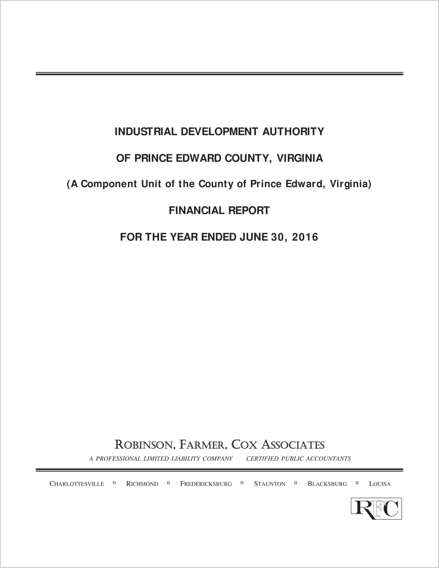 2016 ABC/Other Annual Financial Report  for Prince Edward Industrial Development Authority
