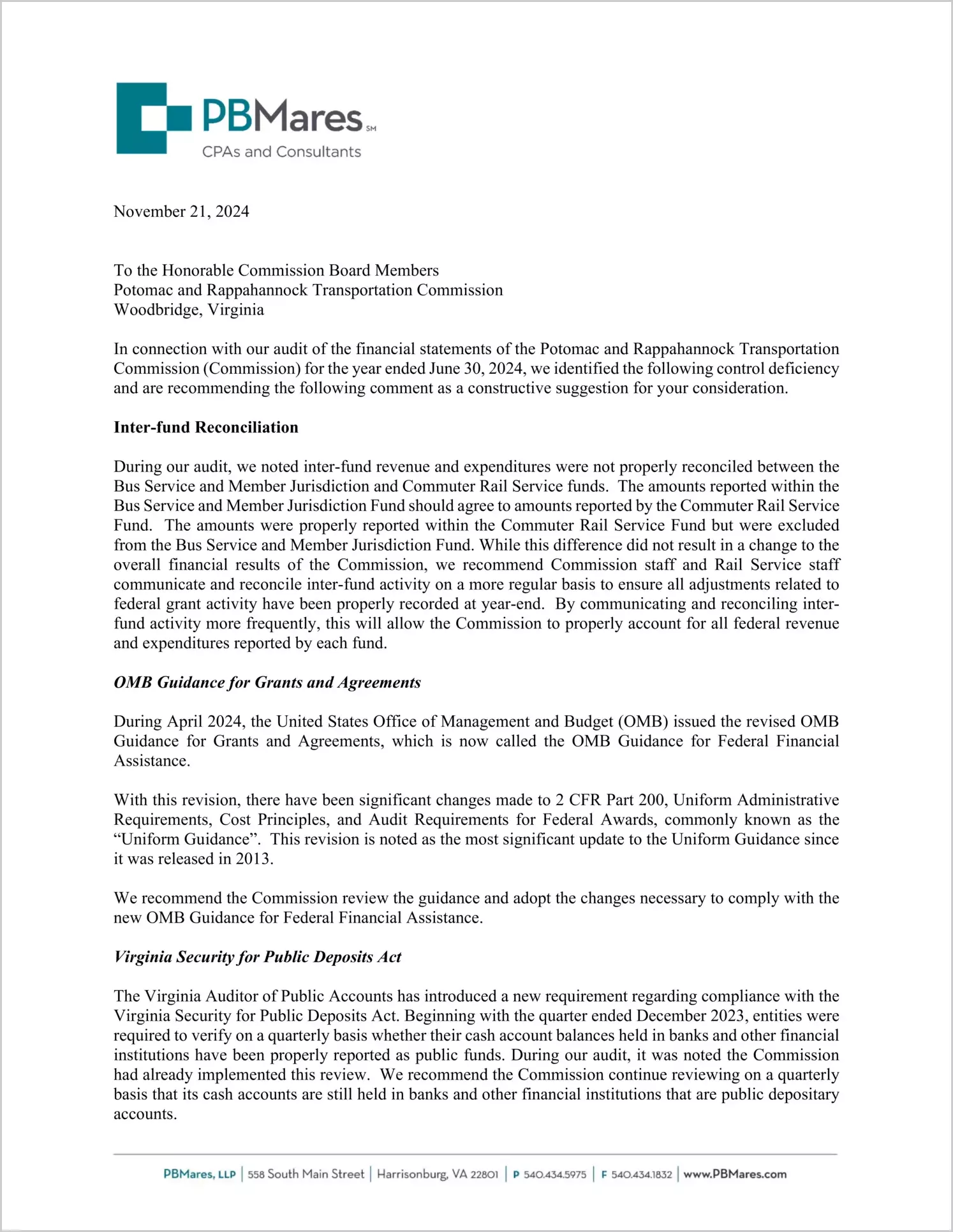 preview of 2024 ABC/Other Management Letter for Potomac and Rappahannock Transportation Commission