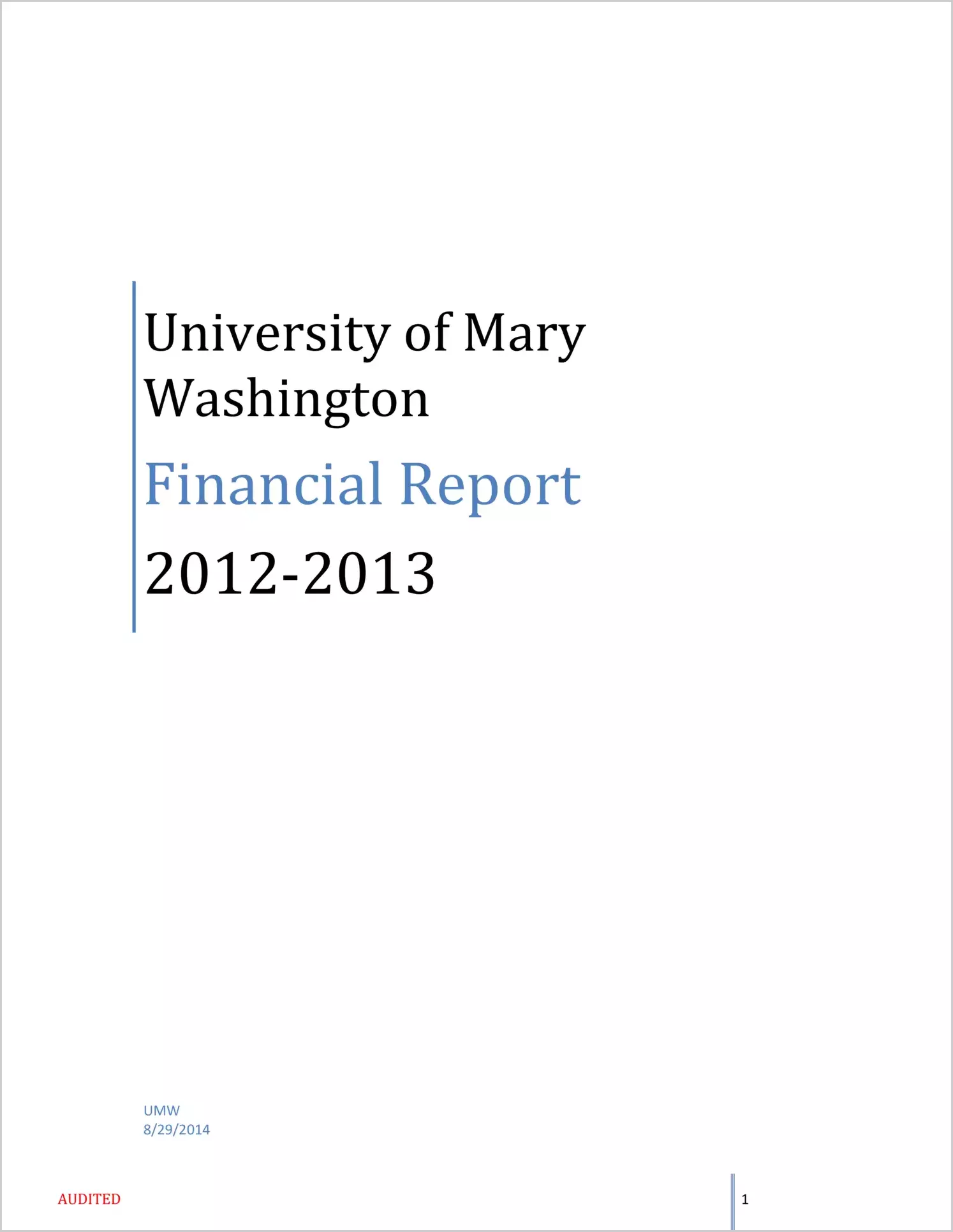 University of Mary Washington Financial Statement for the year ended June 30, 2013