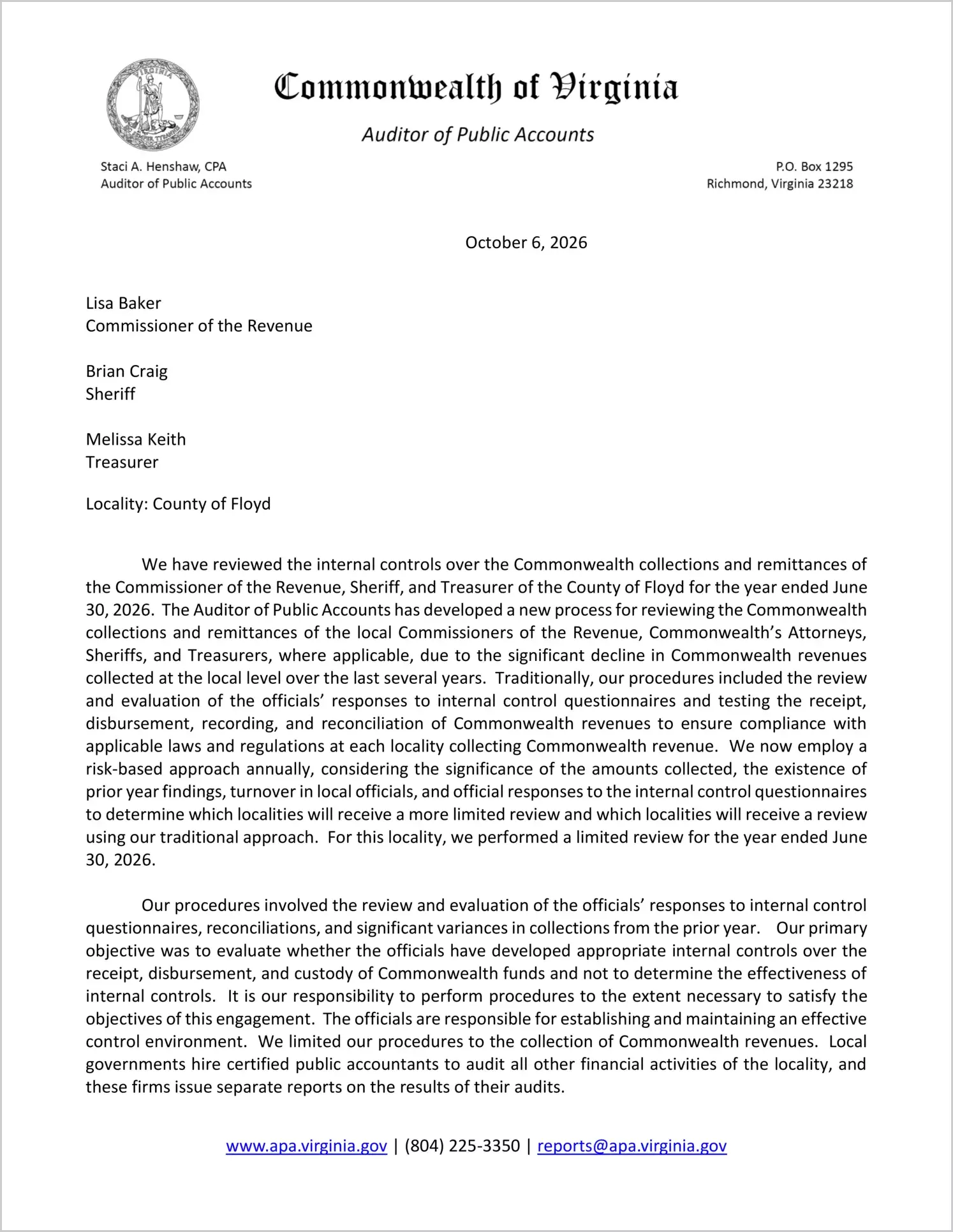 preview of Commonwealth Collections and Remittances of the Commissioner of the Revenue, Sheriff, and Treasurer for the County of Floyd for the year ended June 30, 2026