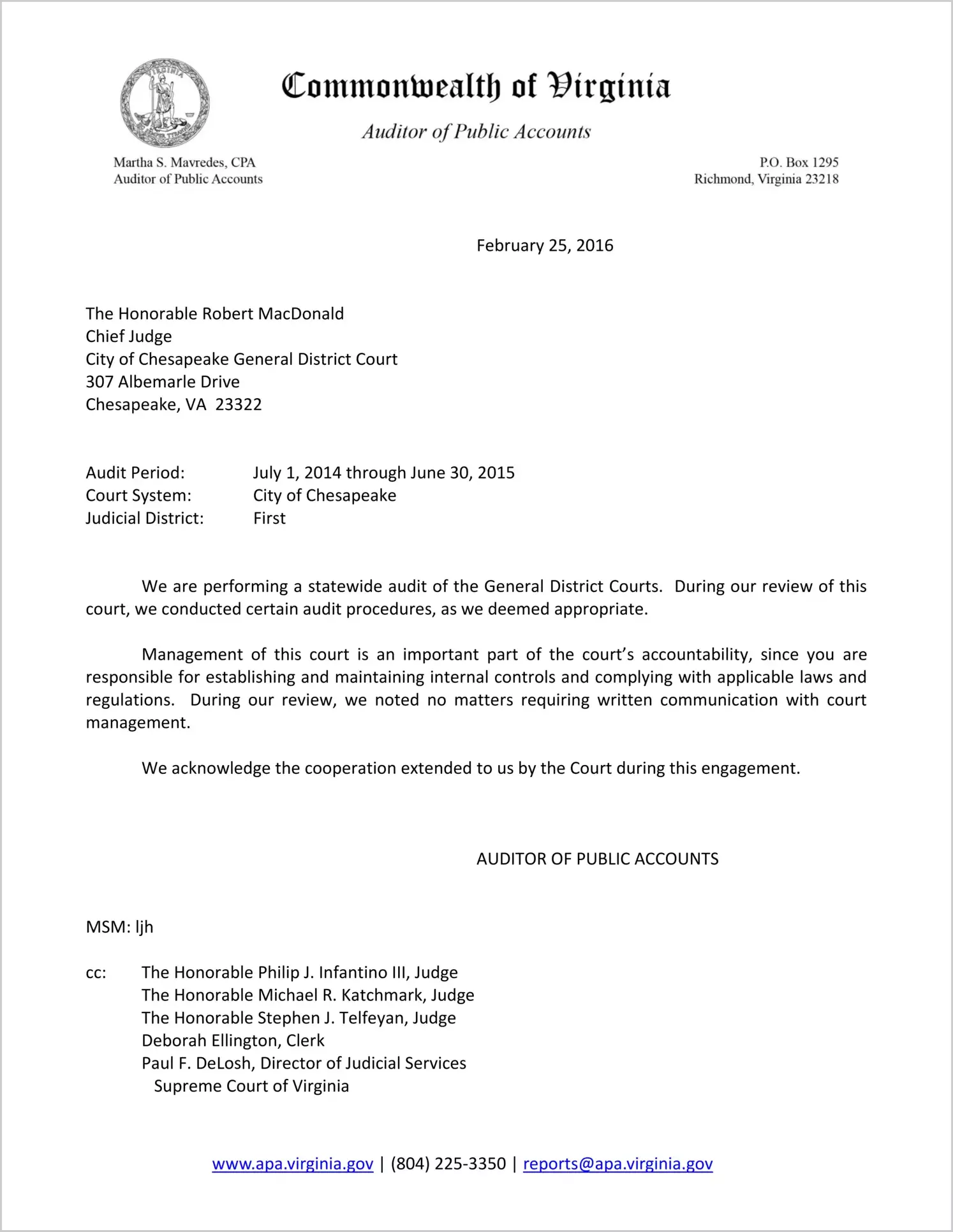 Clerk of the General District Court for the City of Chesapeake Report on Audit for the period July 1, 2014 through June 30, 2015