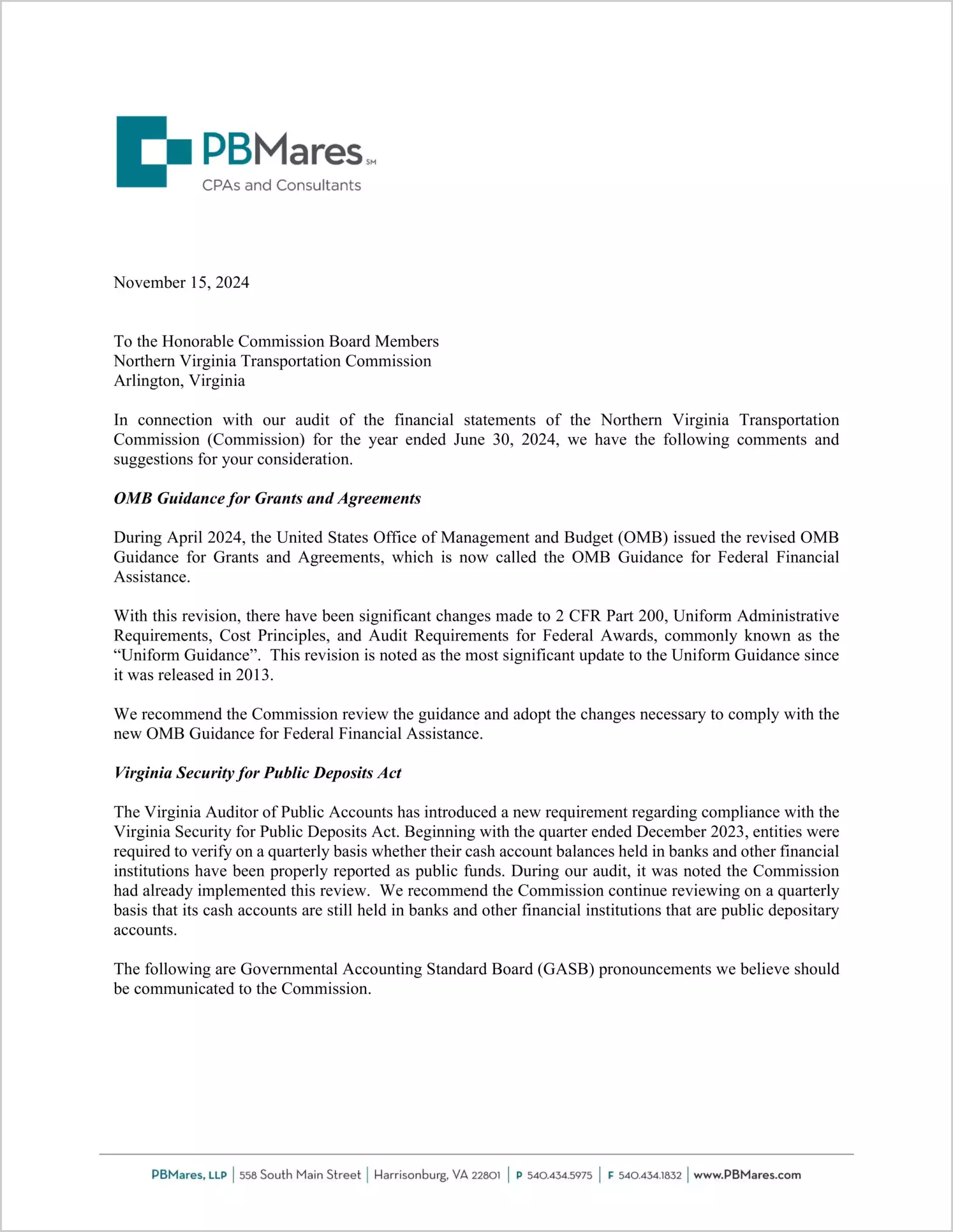 preview of 2024 ABC/Other Management Letter for Northern Virginia Transportation Commission