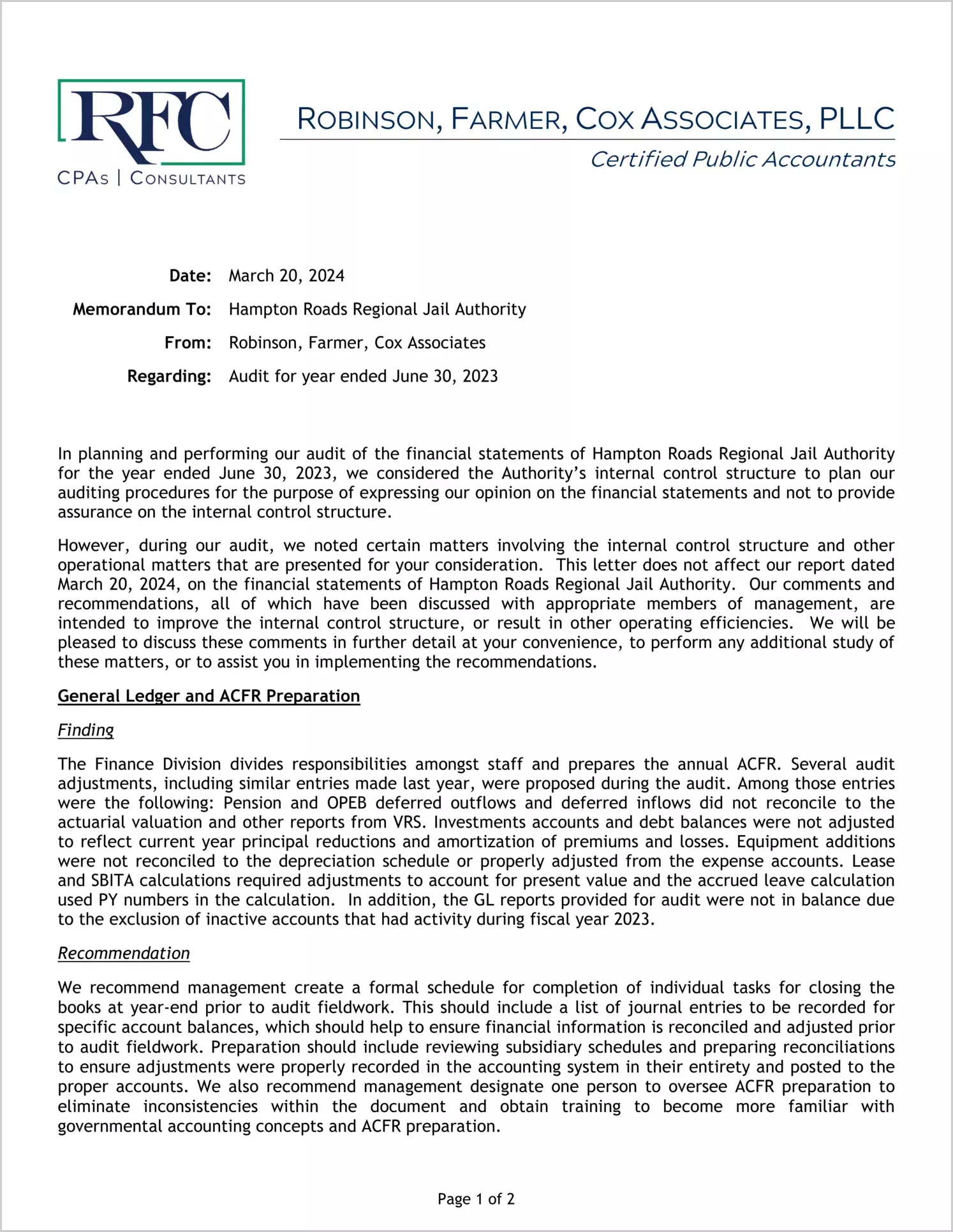 preview of 2023 ABC/Other Management Letter for Hampton Roads Regional Jail