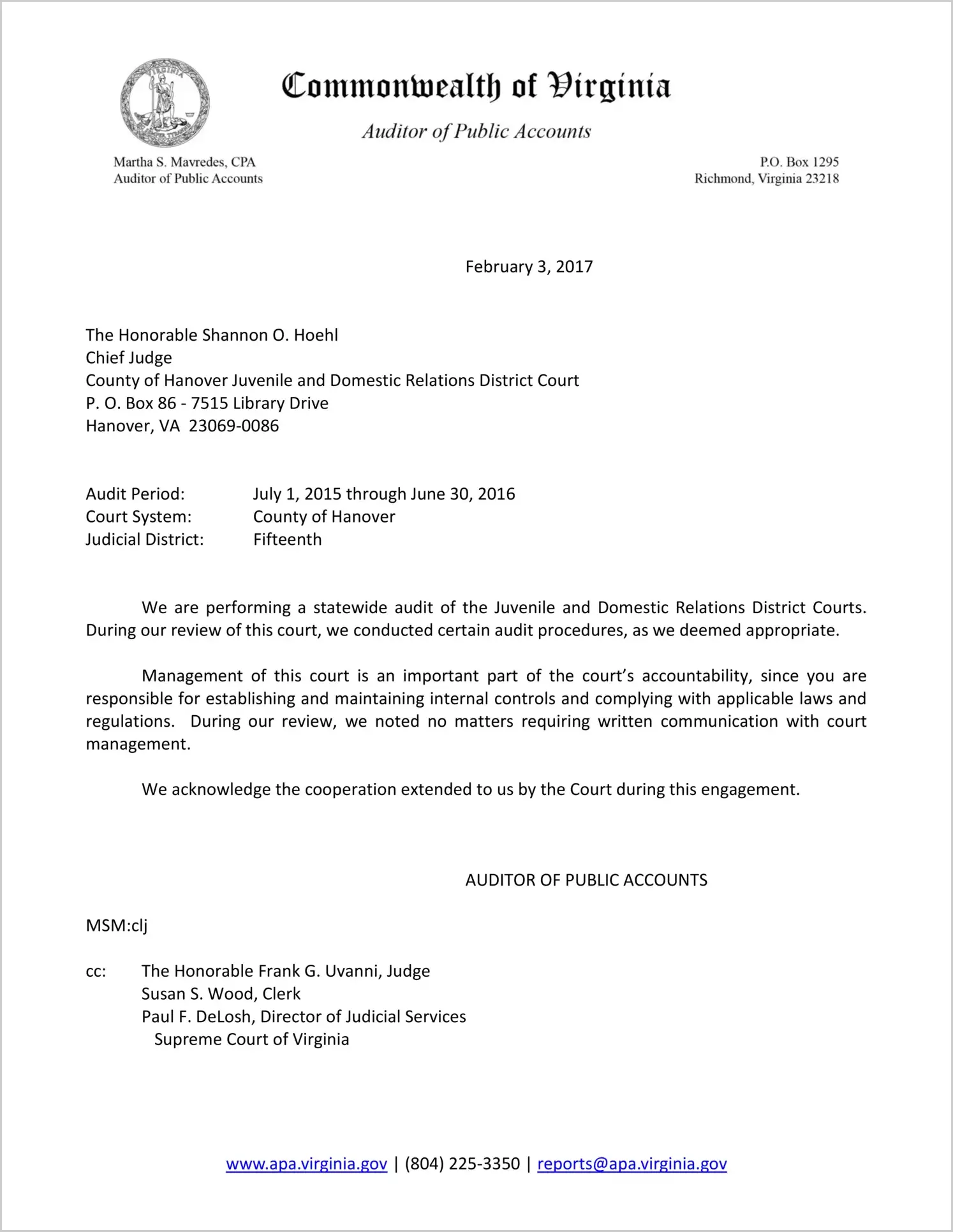 Juvenile and Domestic Relations Court for the County of Hanover for the period July 1, 2015 through June 30, 2016