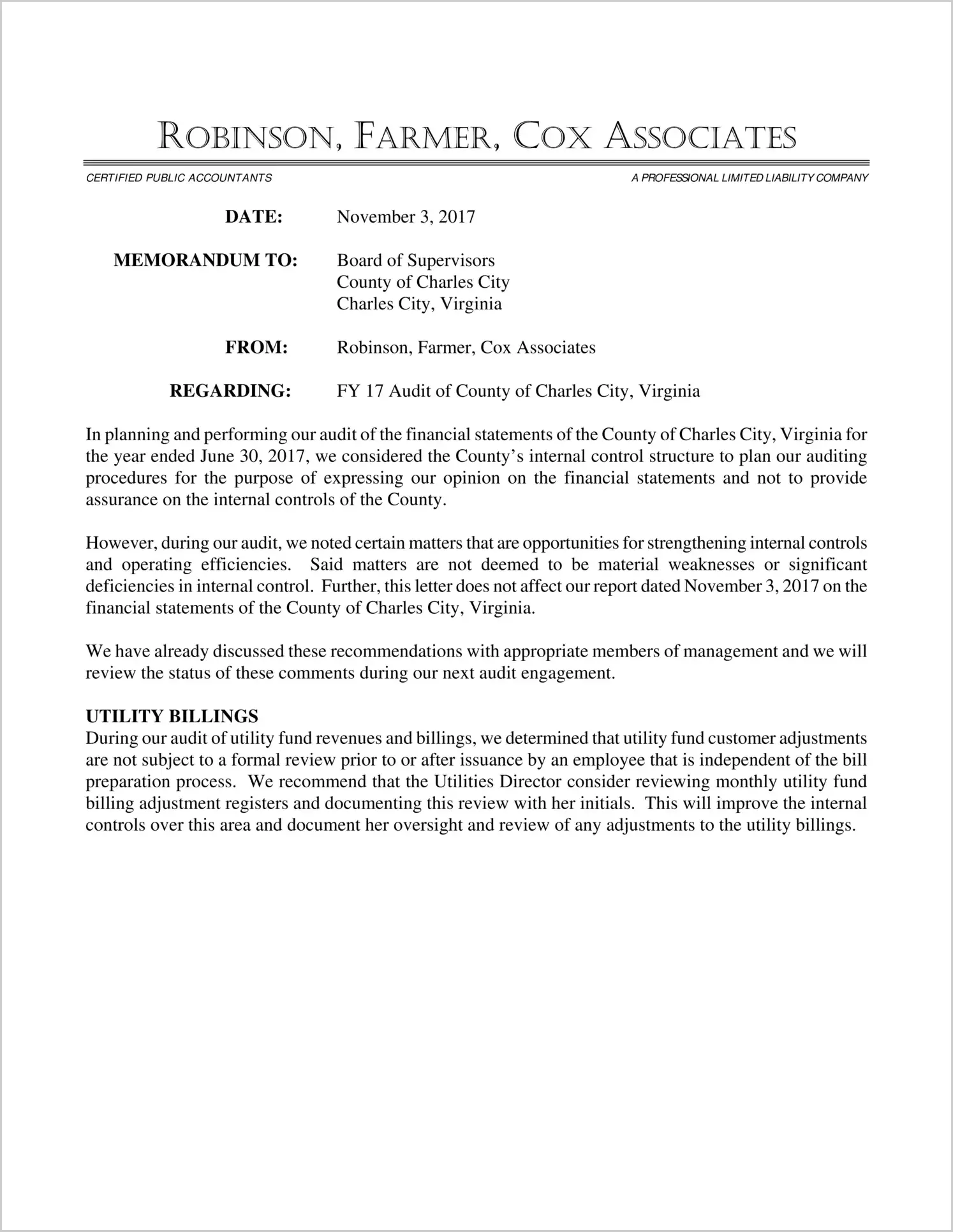 2017 Management Letter for County of Charles City
