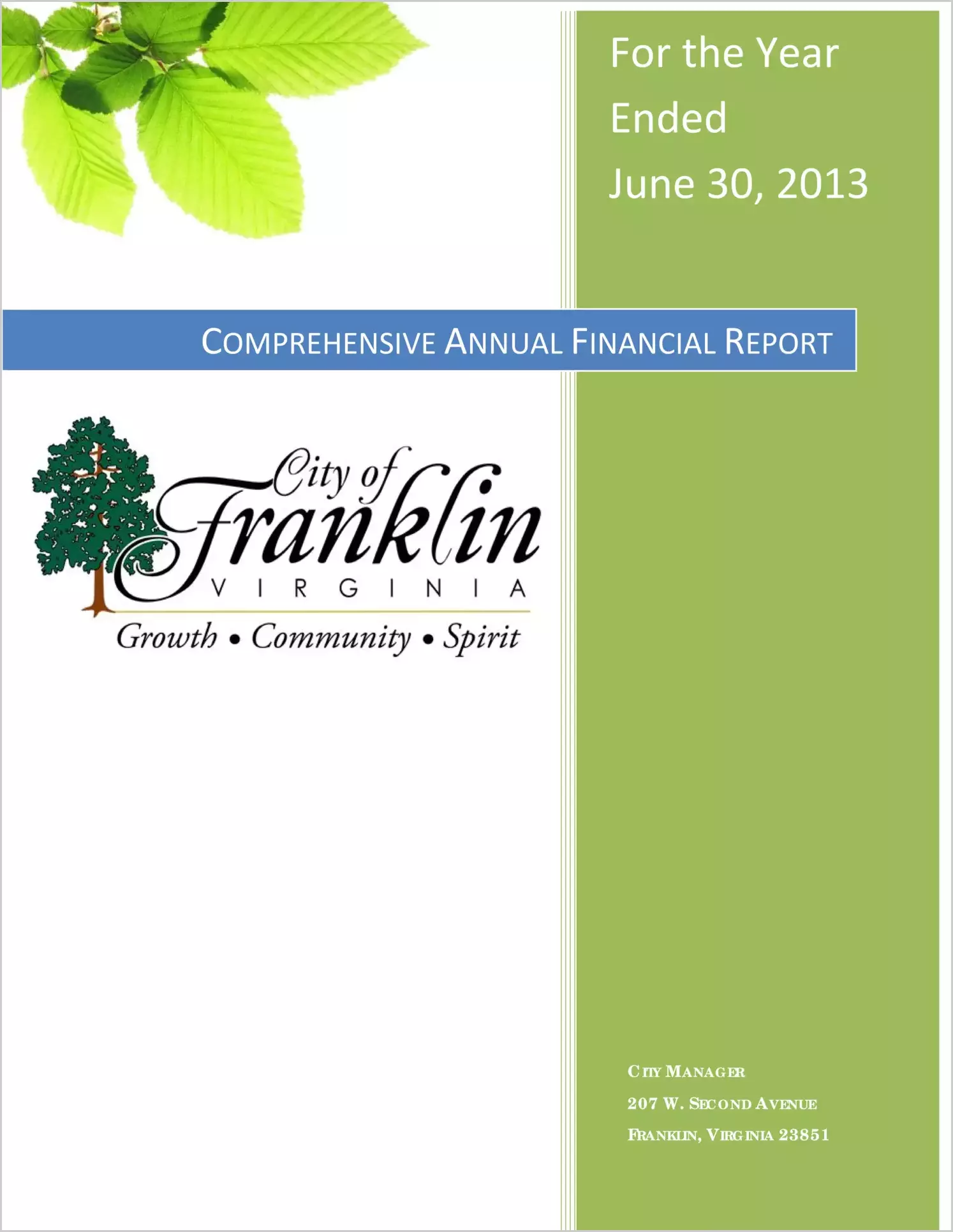 2013 Annual Financial Report for City of Franklin