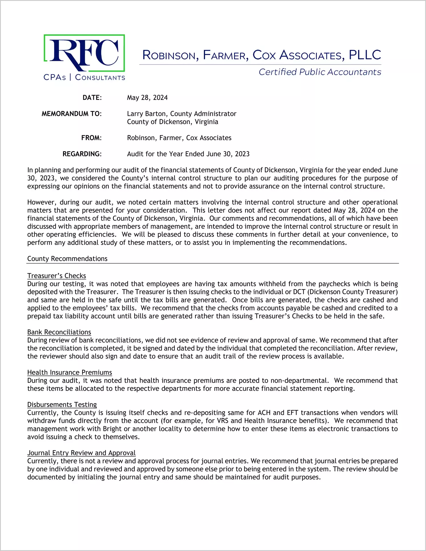 preview of 2023 Management Letter for County of Dickenson