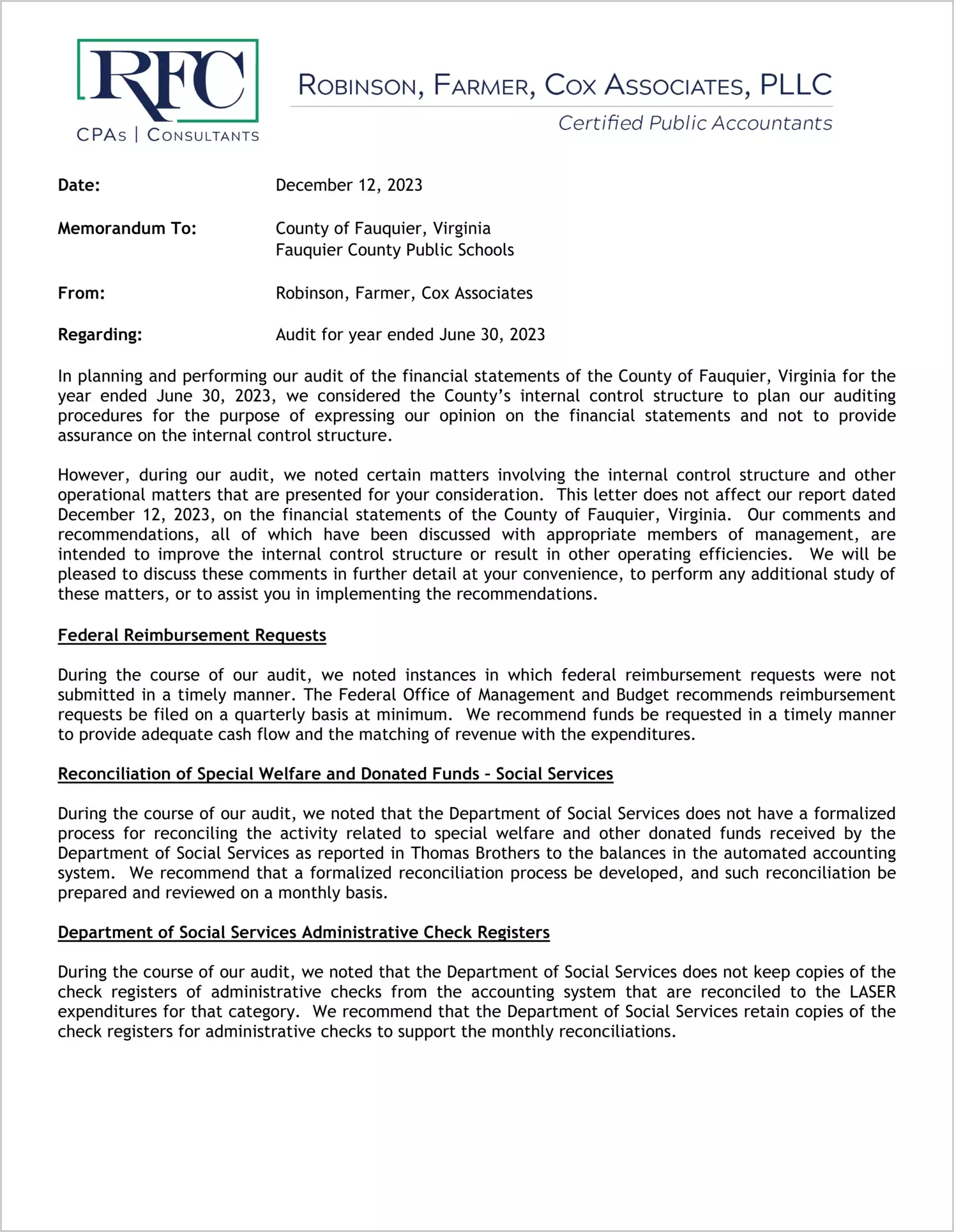 preview of 2023 Management Letter for County of Fauquier