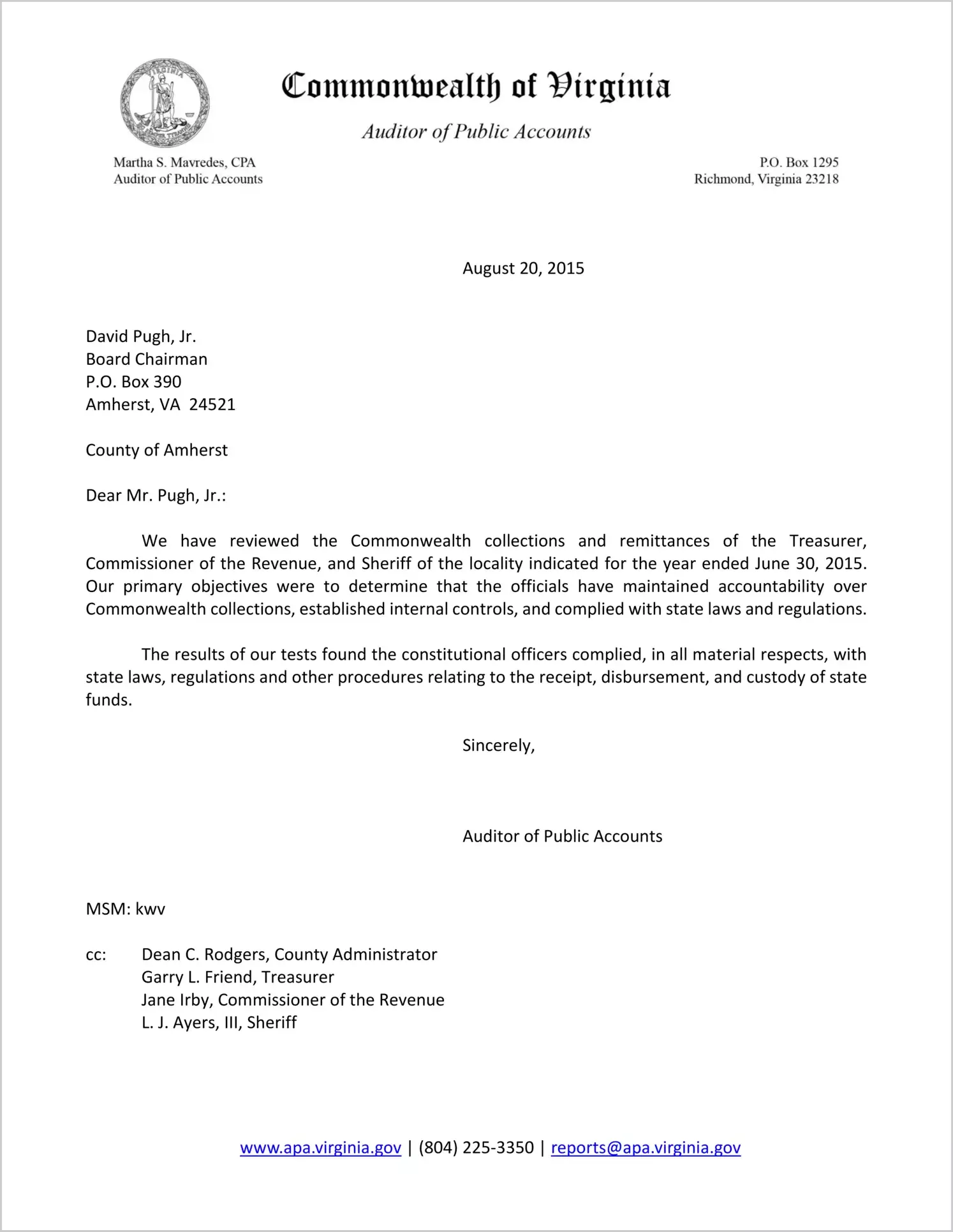 Commonwealth collections and remittances of the Treasurer, Commissioner of the Revenue, and Sheriff of the County of Amherst for the year ended June 30, 2015