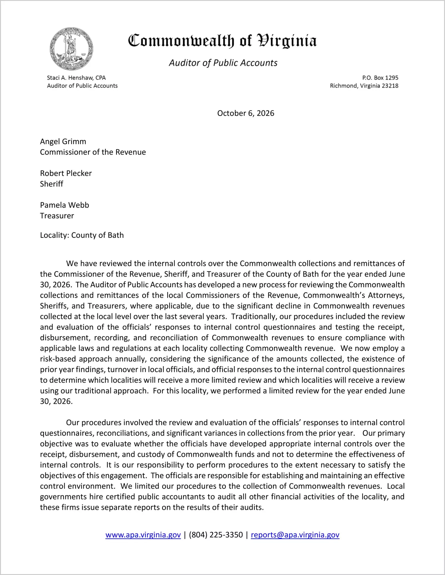 preview of Commonwealth Collections and Remittances of the Commissioner of the Revenue, Sheriff, and Treasurer for the County of Bath for the year ended June 30, 2026