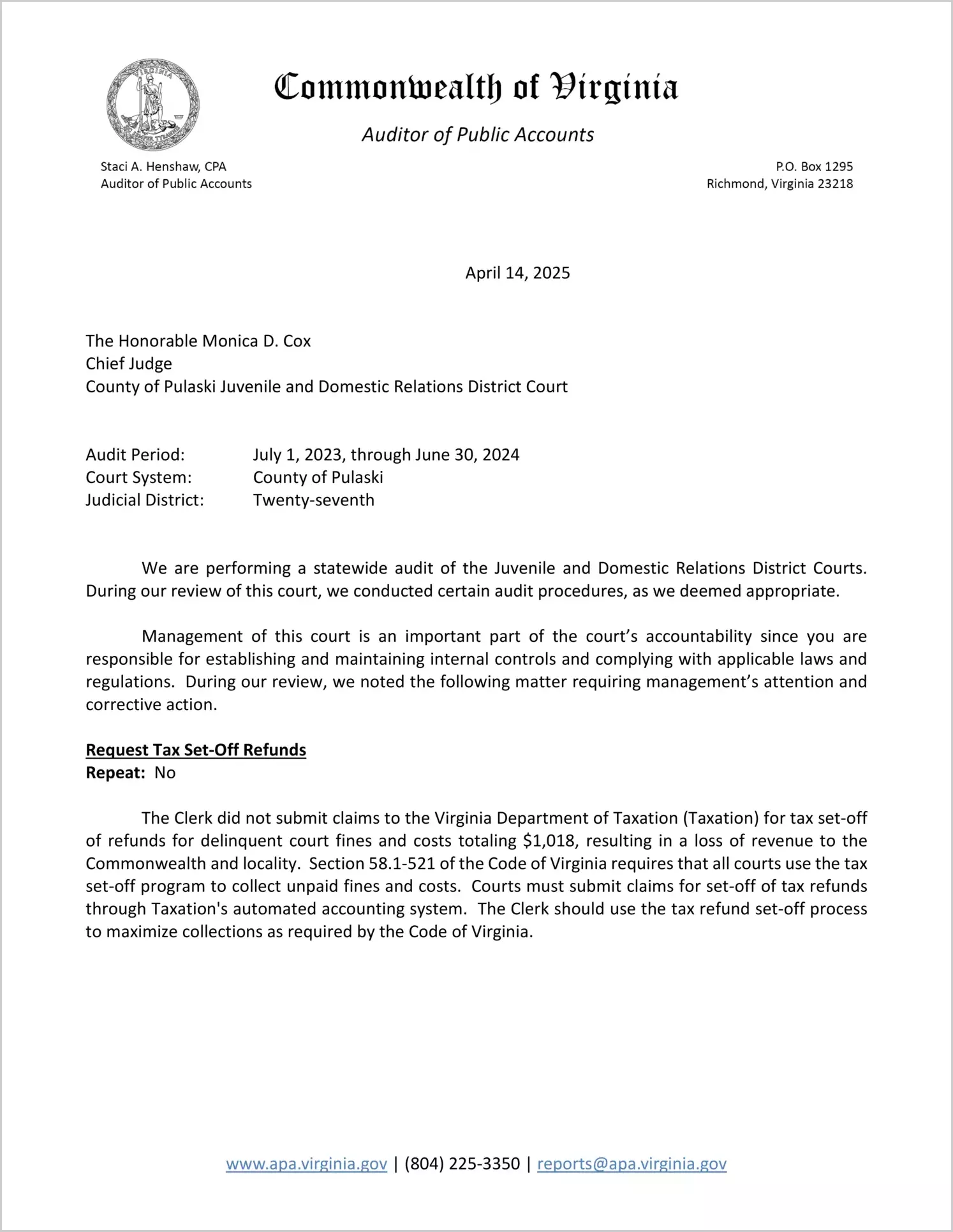 Juvenile and Domestic Relations District Court for the County of Pulaski for the period July 1, 2023 through June 30, 2024
