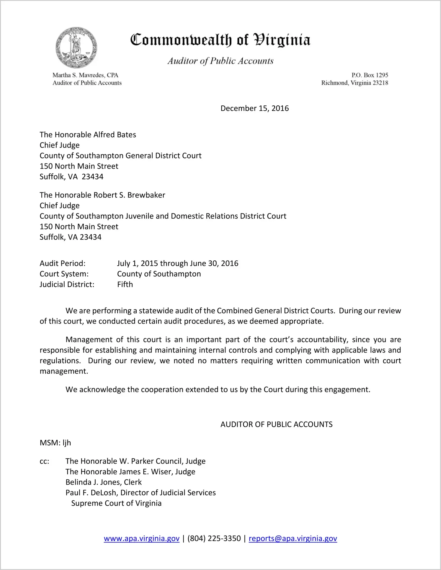 Clerk of the Combined General District Court for the County of Southampton Report on Audit for the period July 1, 2015 through June 30, 2016