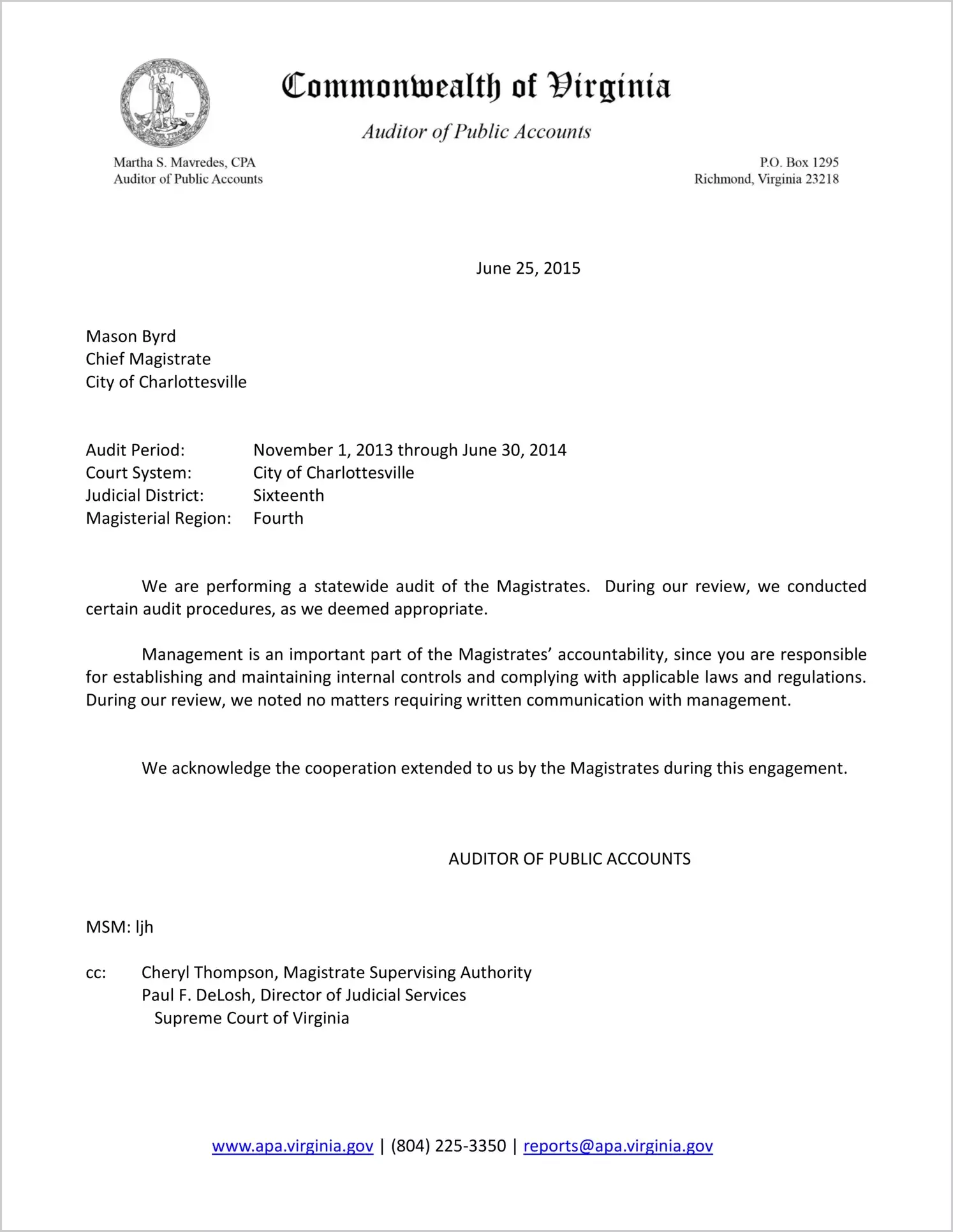 Magistrate for the City of Charlottesville Report on Audit for the period November 1, 2013 through June 30, 2014
