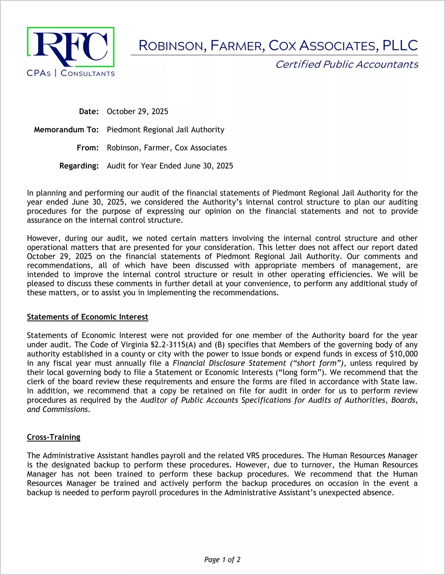 preview of 2025 ABC/Other Management Letter for Piedmont Regional Jail Authority