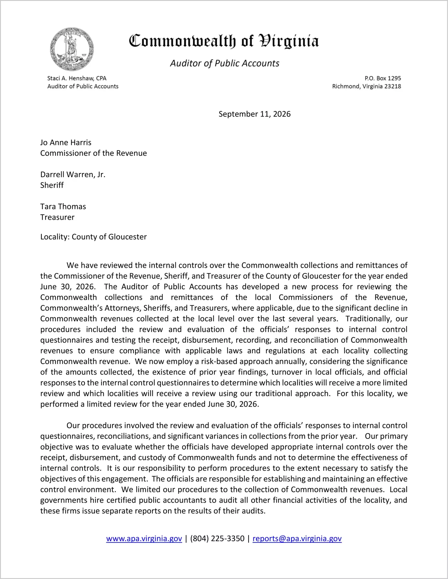 preview of Commonwealth Collections and Remittances of the Commissioner of the Revenue, Sheriff, and Treasurer for the County of Gloucester for the year ended June 30, 2026