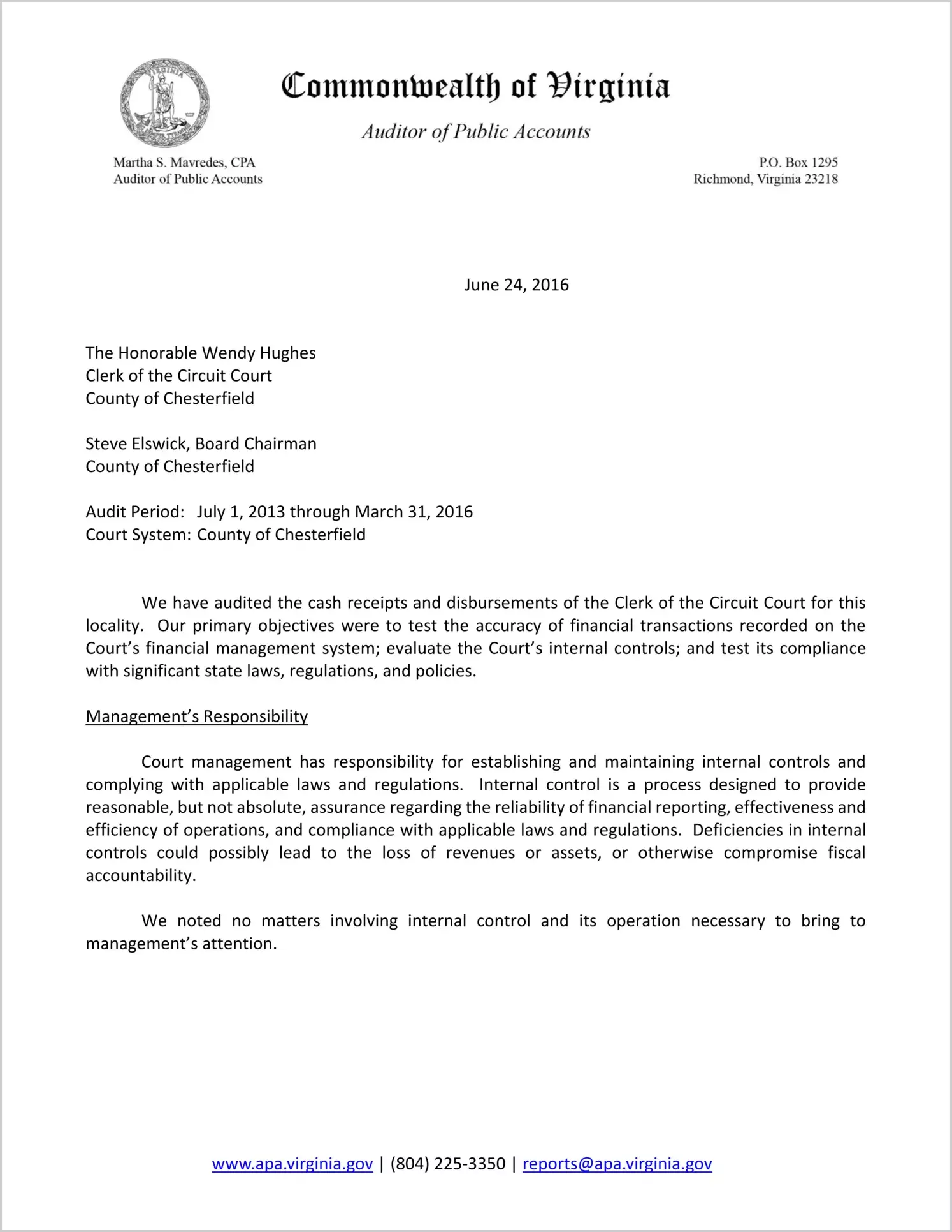 Clerk of the Circuit Court for the County of Chesterfield Report on Audit for the period July 1, 2013 through March 31, 2016