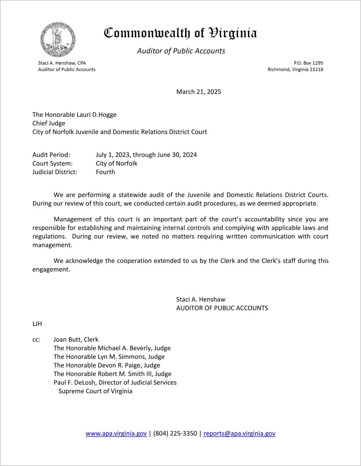 Juvenile and Domestic Relations District Court for the City of Norfolk for the period July 1, 2023 through June 30, 2024