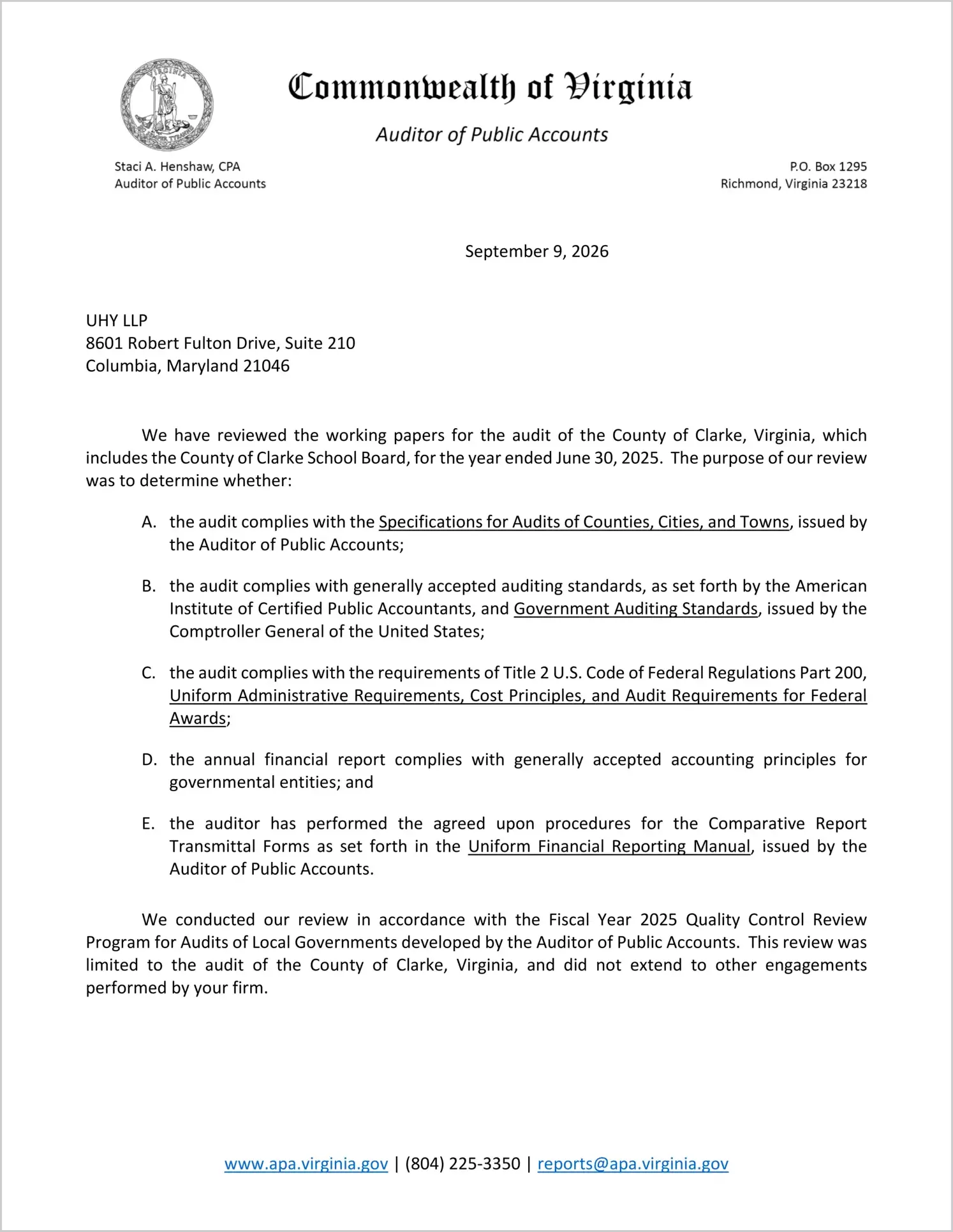 preview of 2026 Quality Control Review for FY2025 Audit of County of Clarke