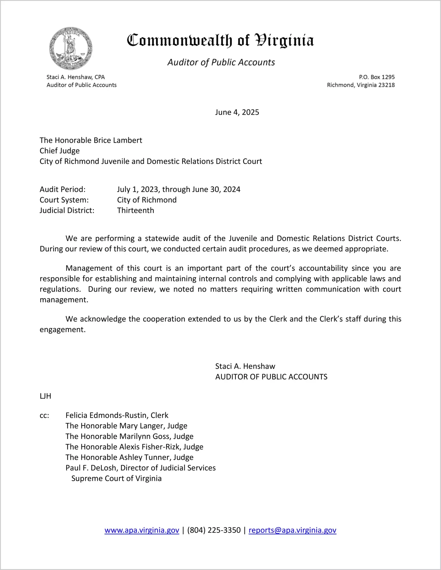Juvenile and Domestic Relations District Court for the City of Richmond for the period July 1, 2023 through June 30, 2024