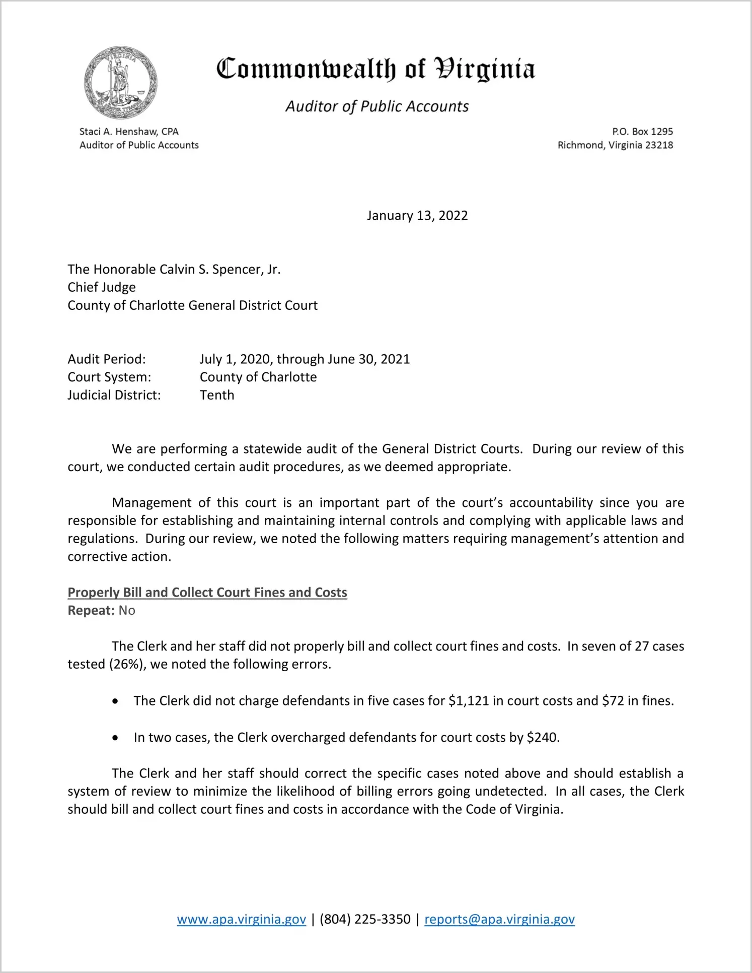 General District Court for the County of Charlotte for the period July 1, 2020 through June 30, 2021