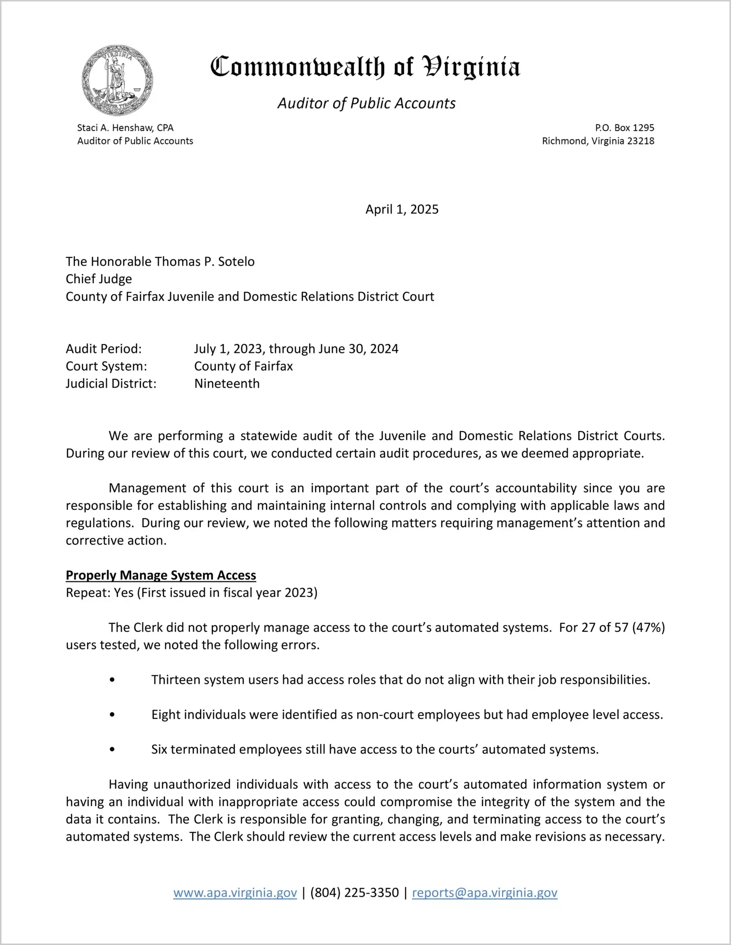 Juvenile and Domestic Relations District Court for the County of Fairfax for the period July 1, 2023 through June 30, 2024