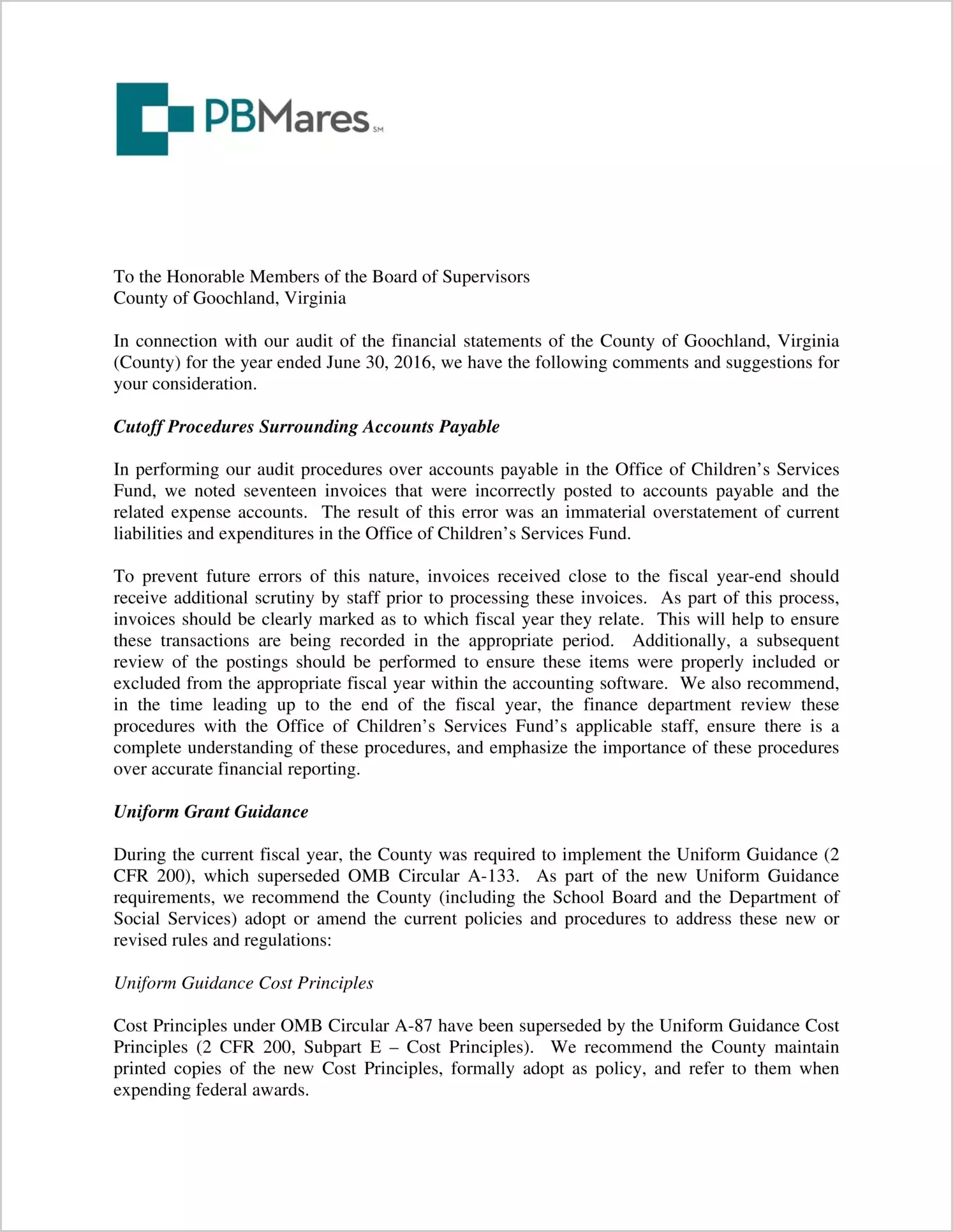 preview of 2016 Management Letter for County of Goochland