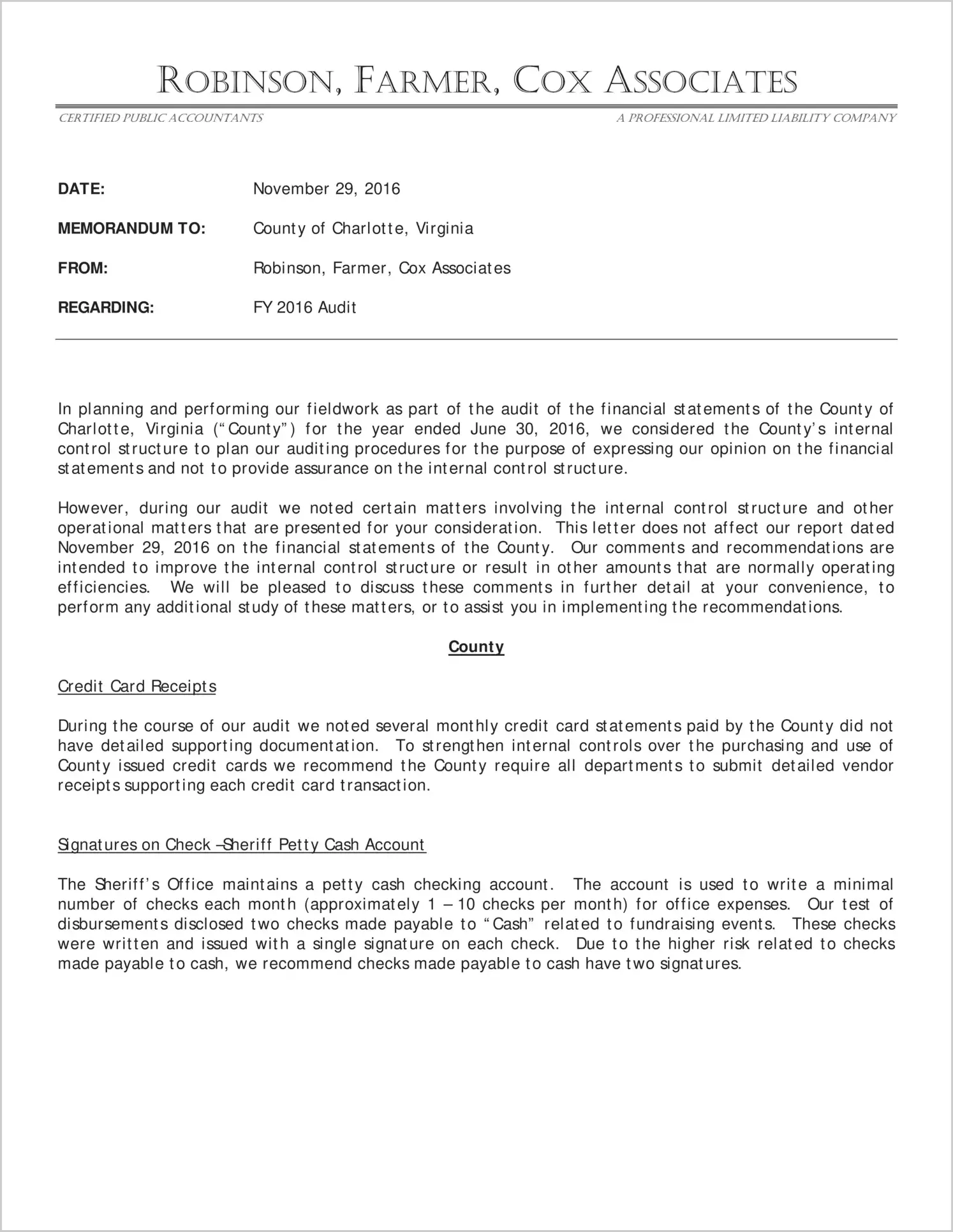 2016 Management Letter for County of Charlotte